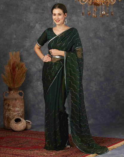 Dark Green Chiffon Plain Printed Saree