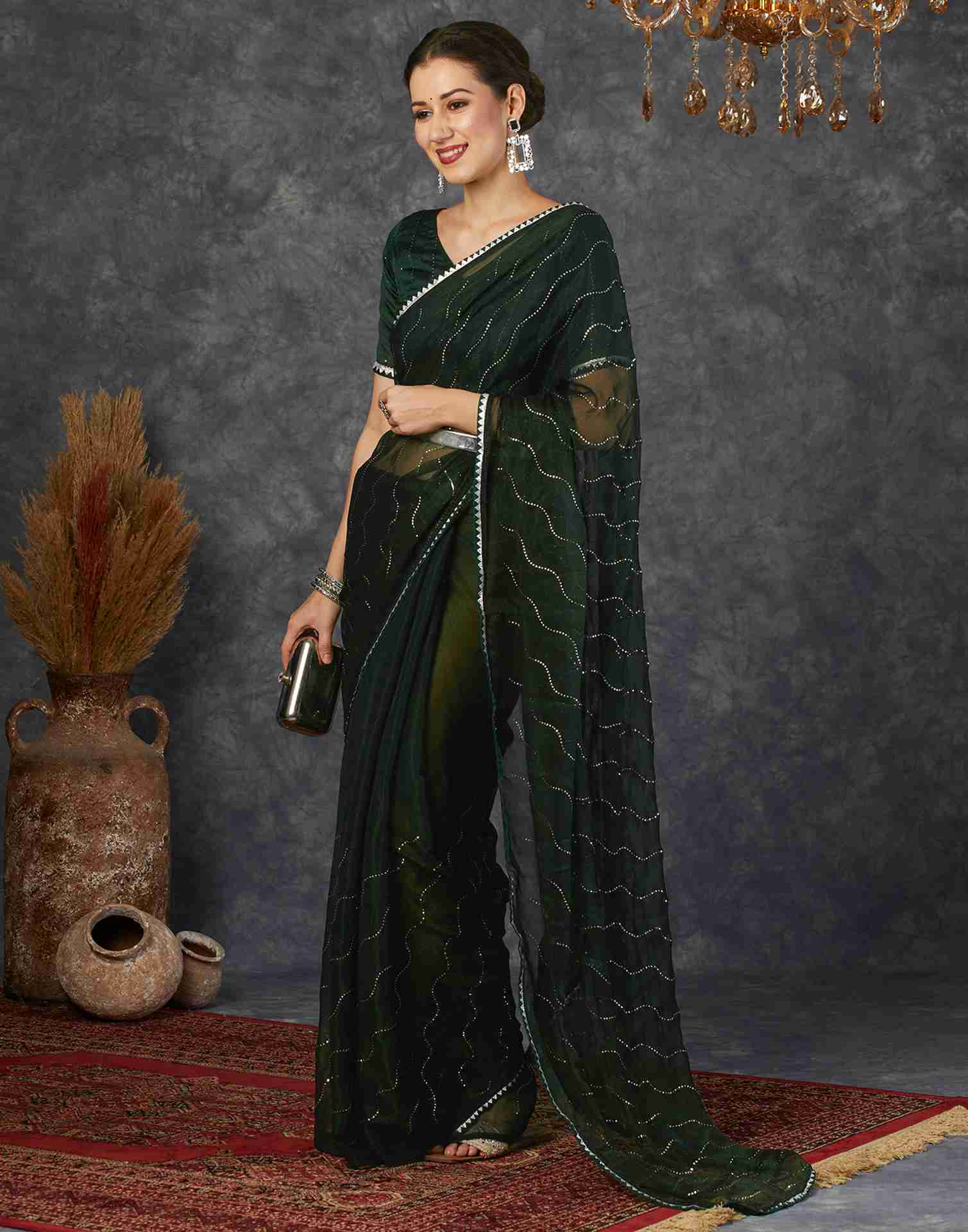 Dark Green Chiffon Plain Printed Saree