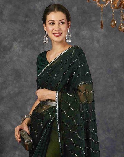 Dark Green Chiffon Plain Printed Saree