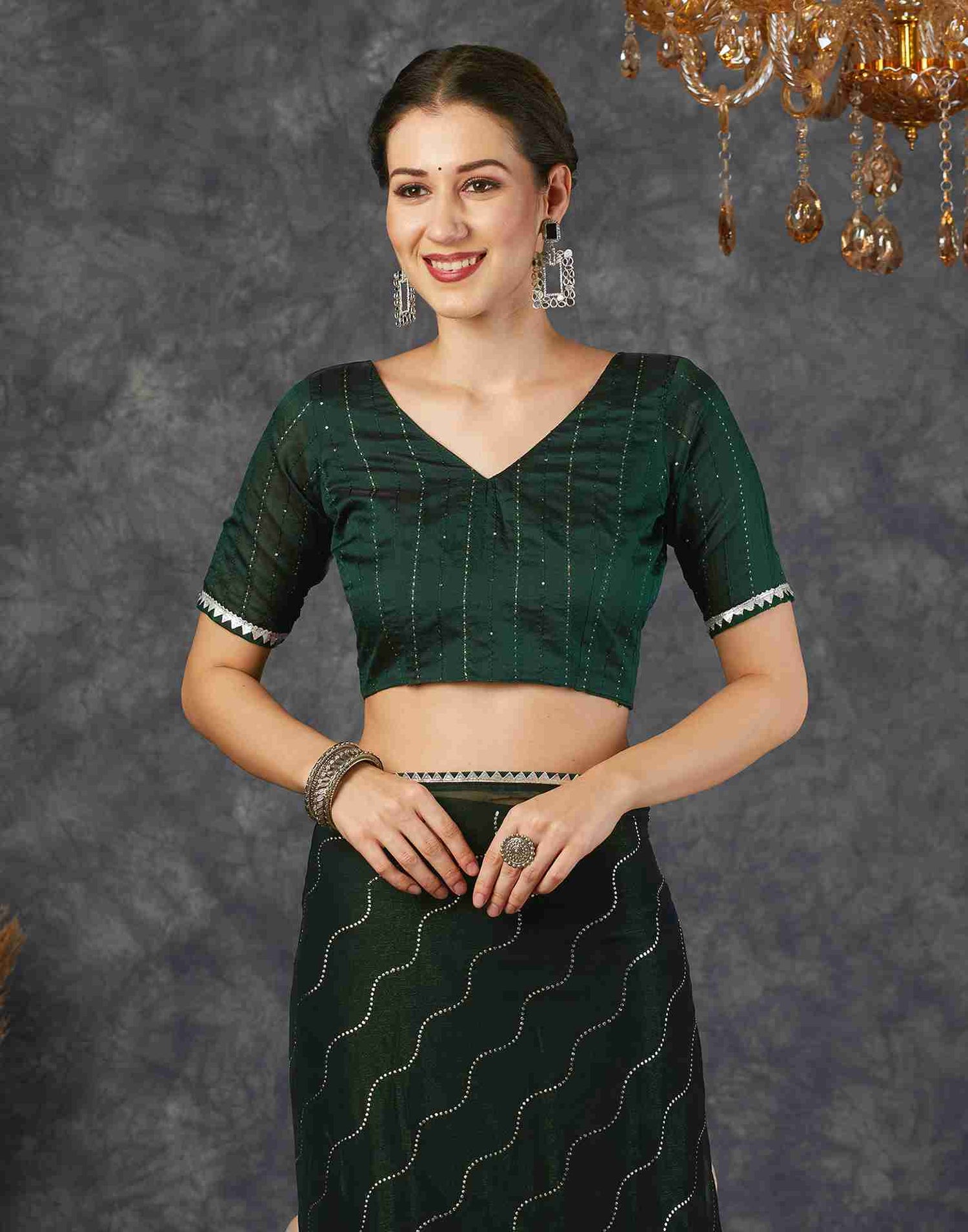 Dark Green Chiffon Plain Printed Saree