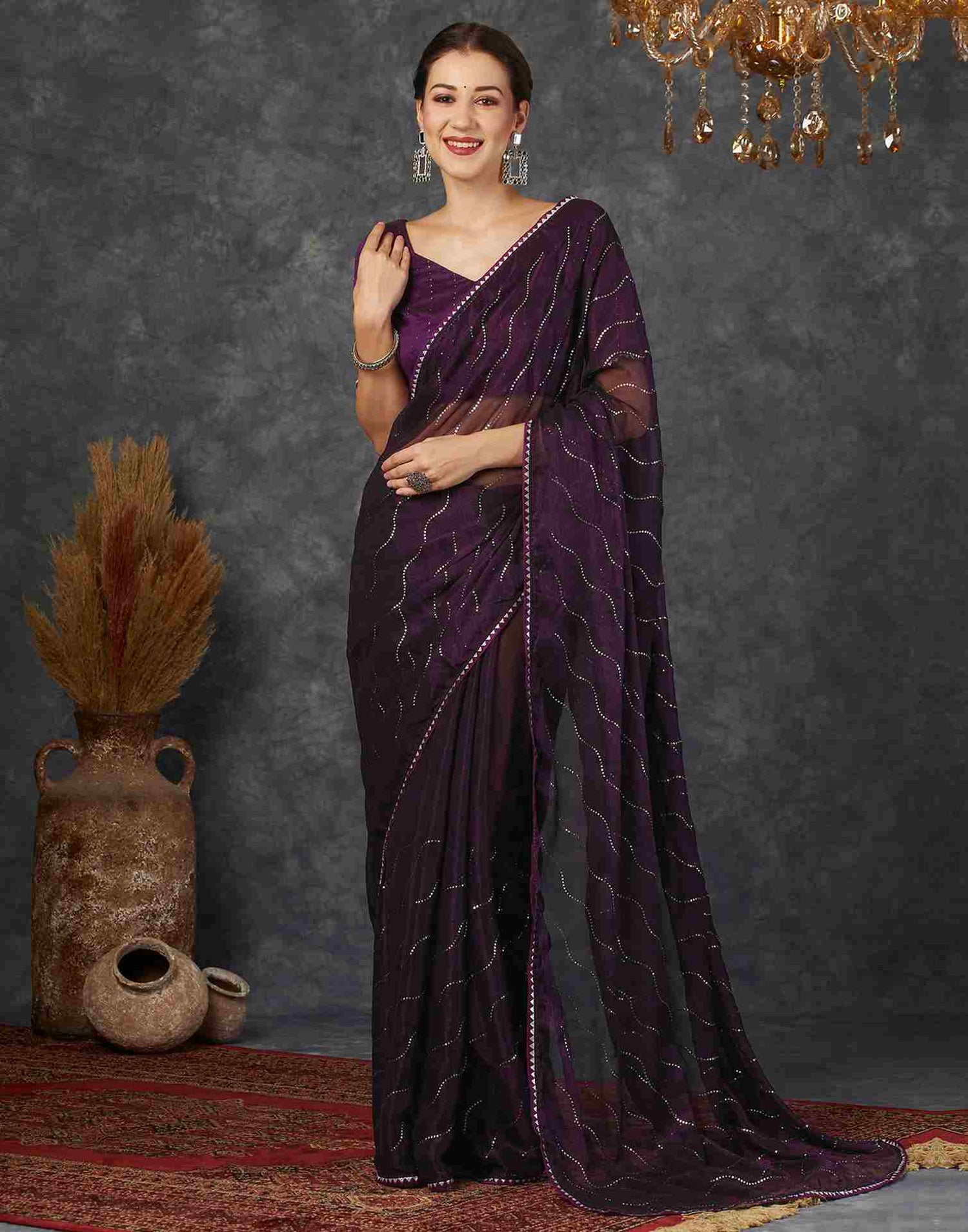 Deep Purple Chiffon Plain Printed Saree