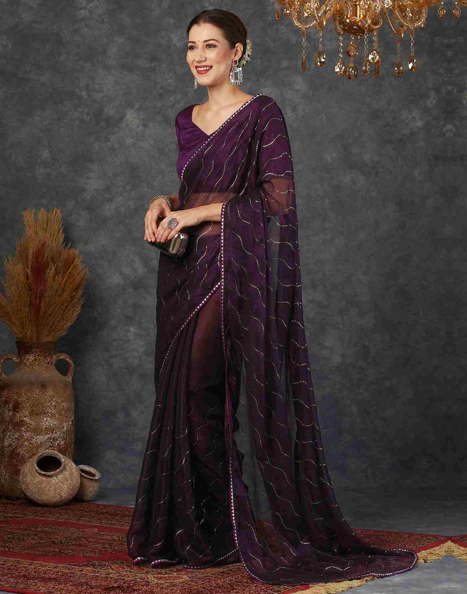 Deep Purple Chiffon Plain Printed Saree