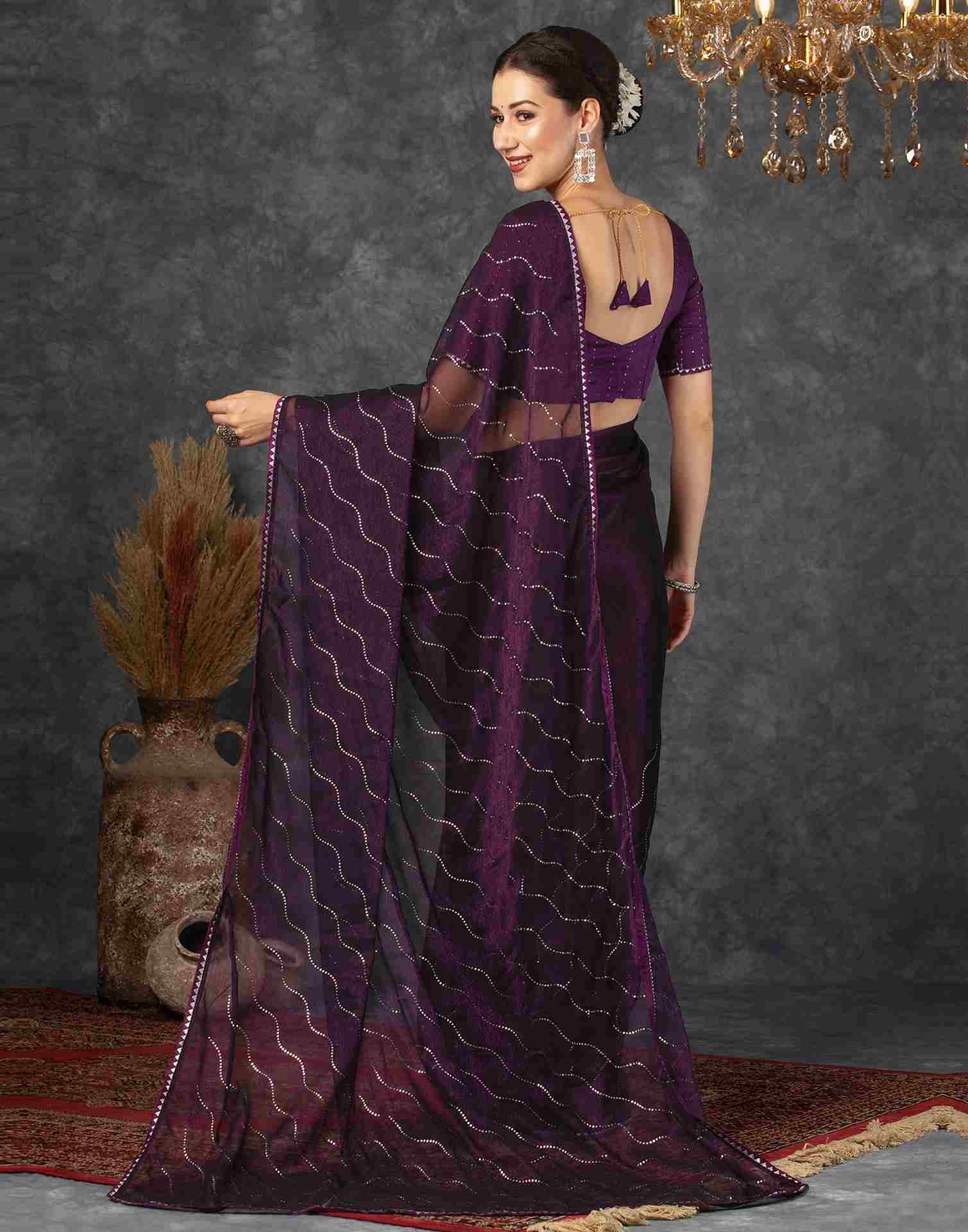 Deep Purple Chiffon Plain Printed Saree