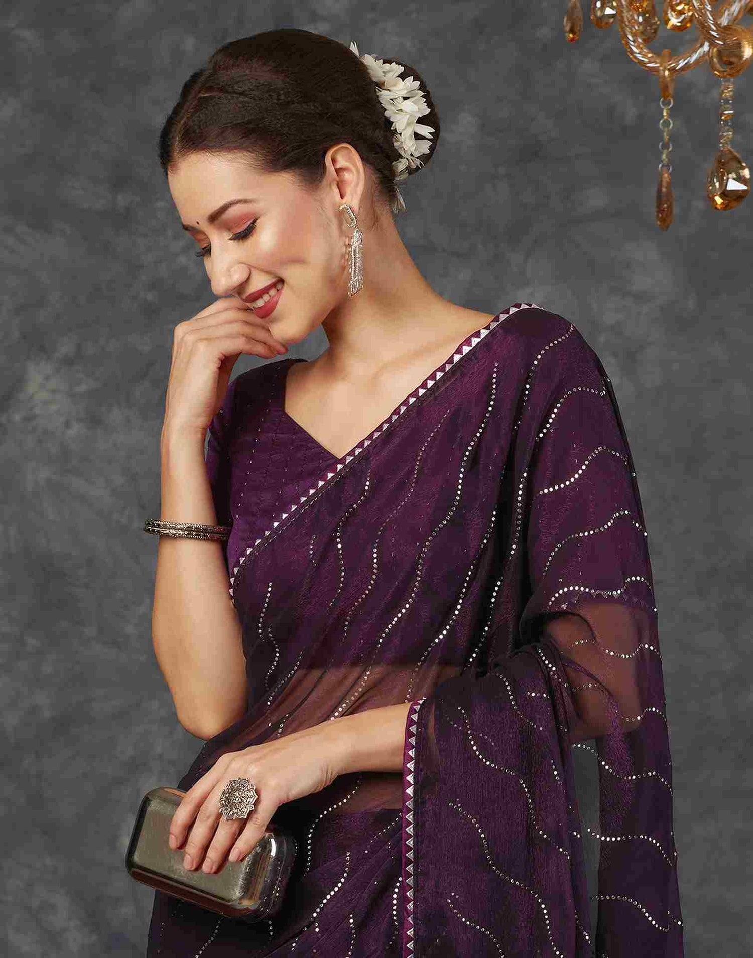 Deep Purple Chiffon Plain Printed Saree