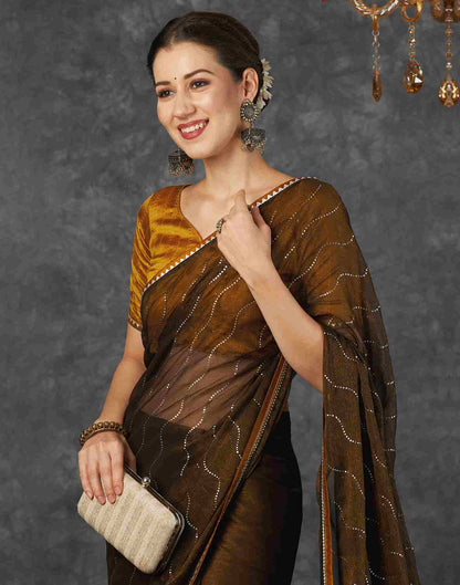 Wood Brown Chiffon Plain Printed Saree