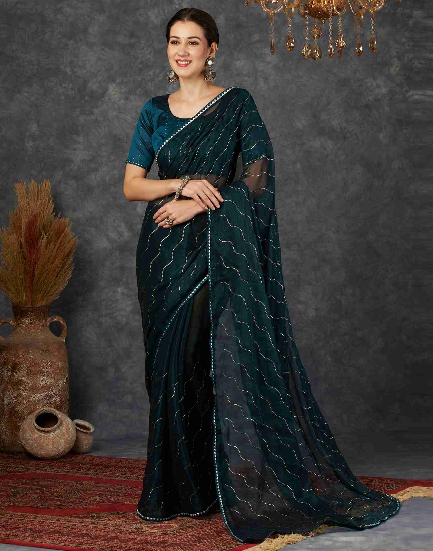 Rama Blue Chiffon Plain Printed Saree