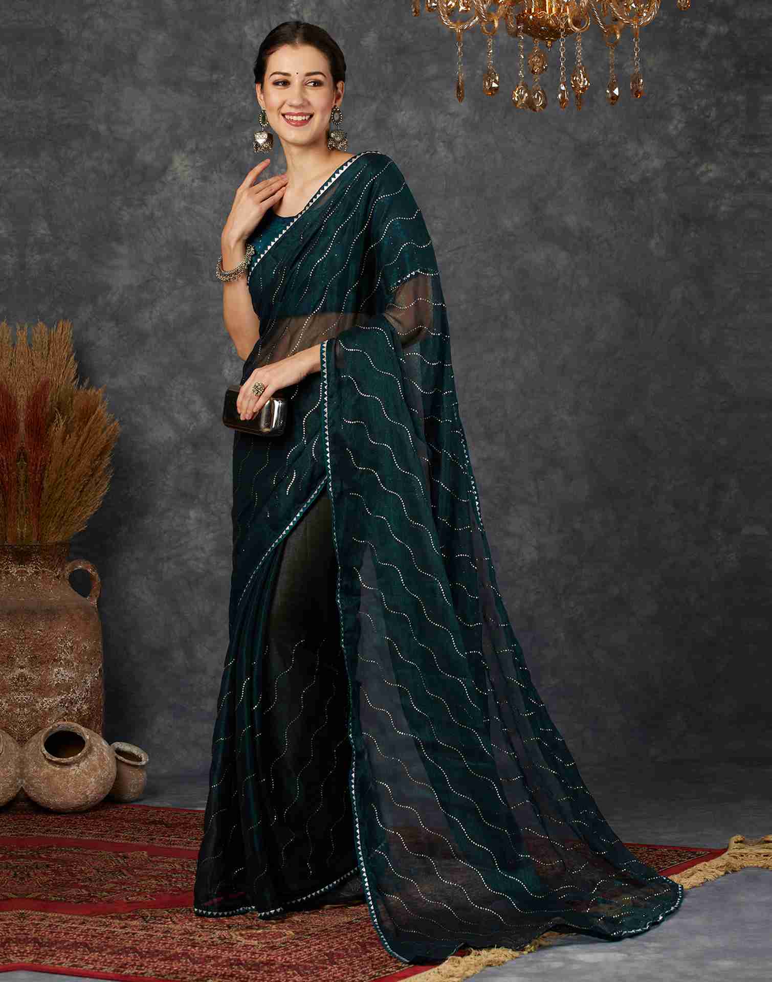 Rama Blue Chiffon Plain Printed Saree