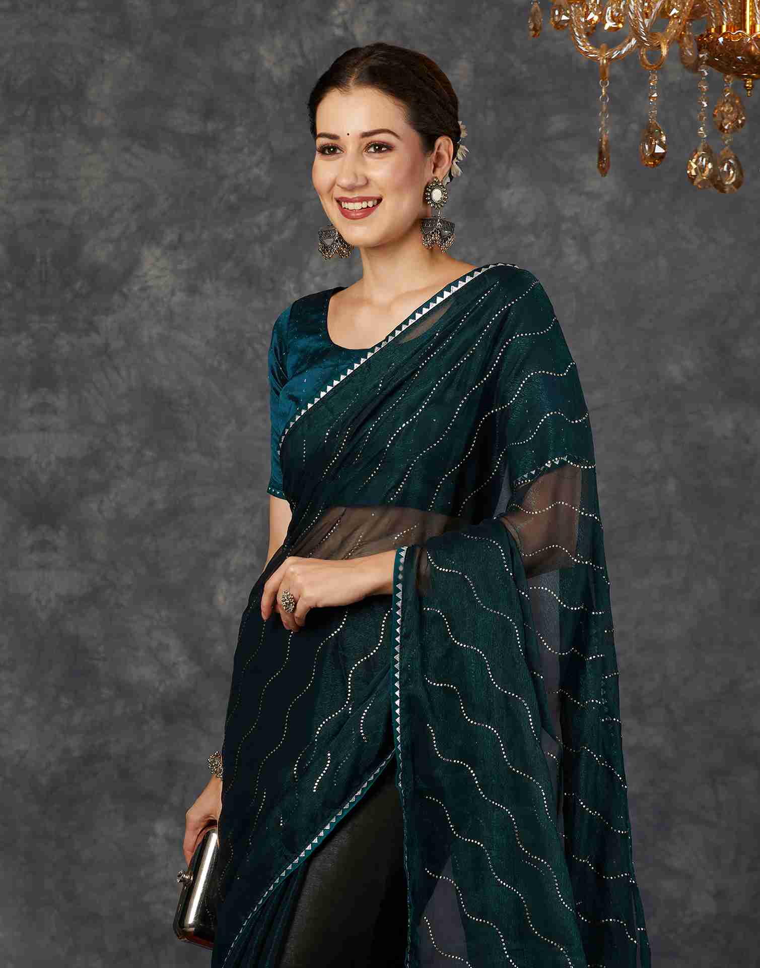 Rama Blue Chiffon Plain Printed Saree