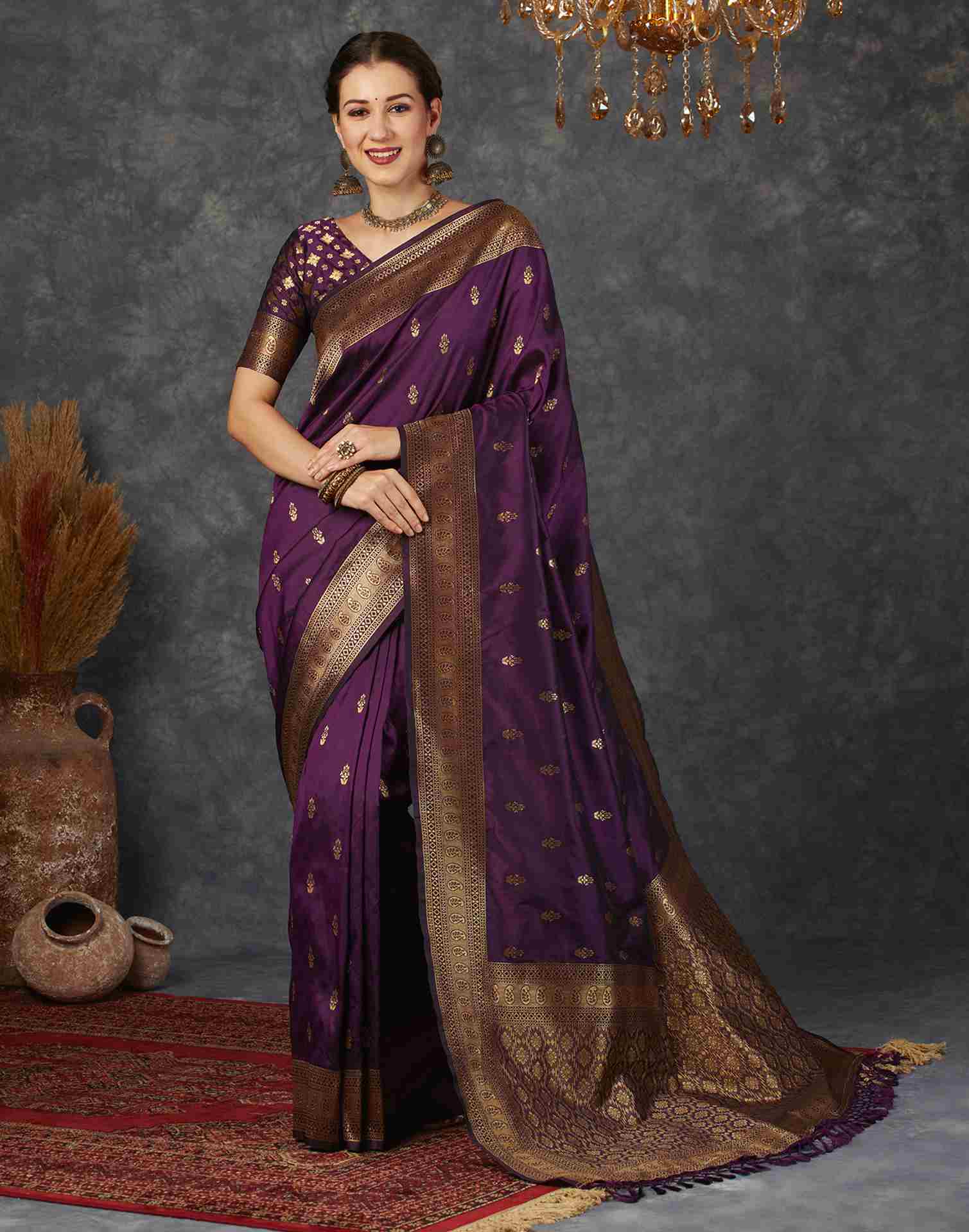 Dark Purple Silk Plain Banarasi Saree