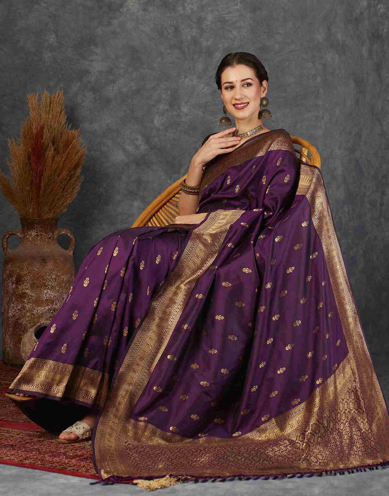 Dark Purple Silk Plain Banarasi Saree