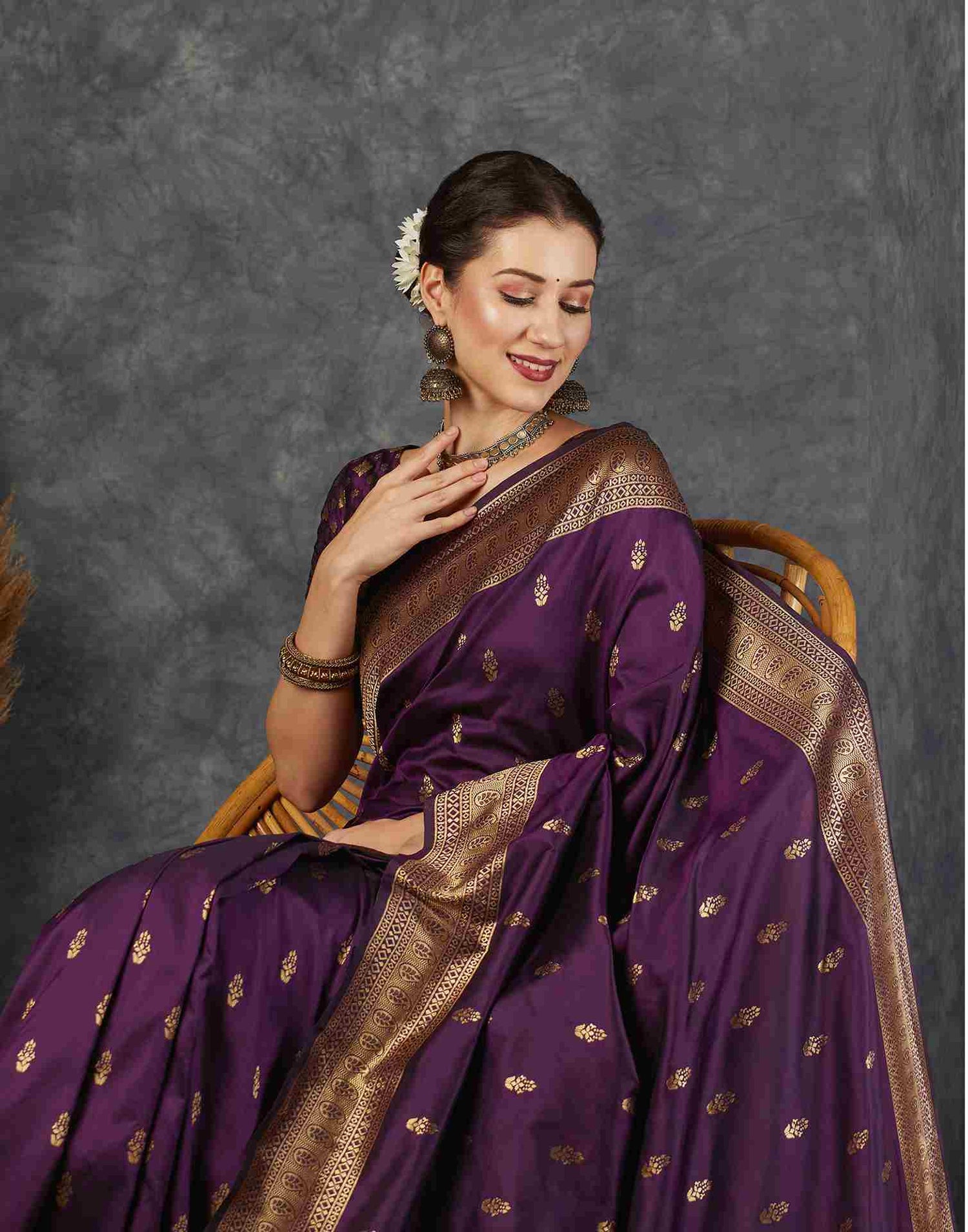 Dark Purple Silk Plain Banarasi Saree