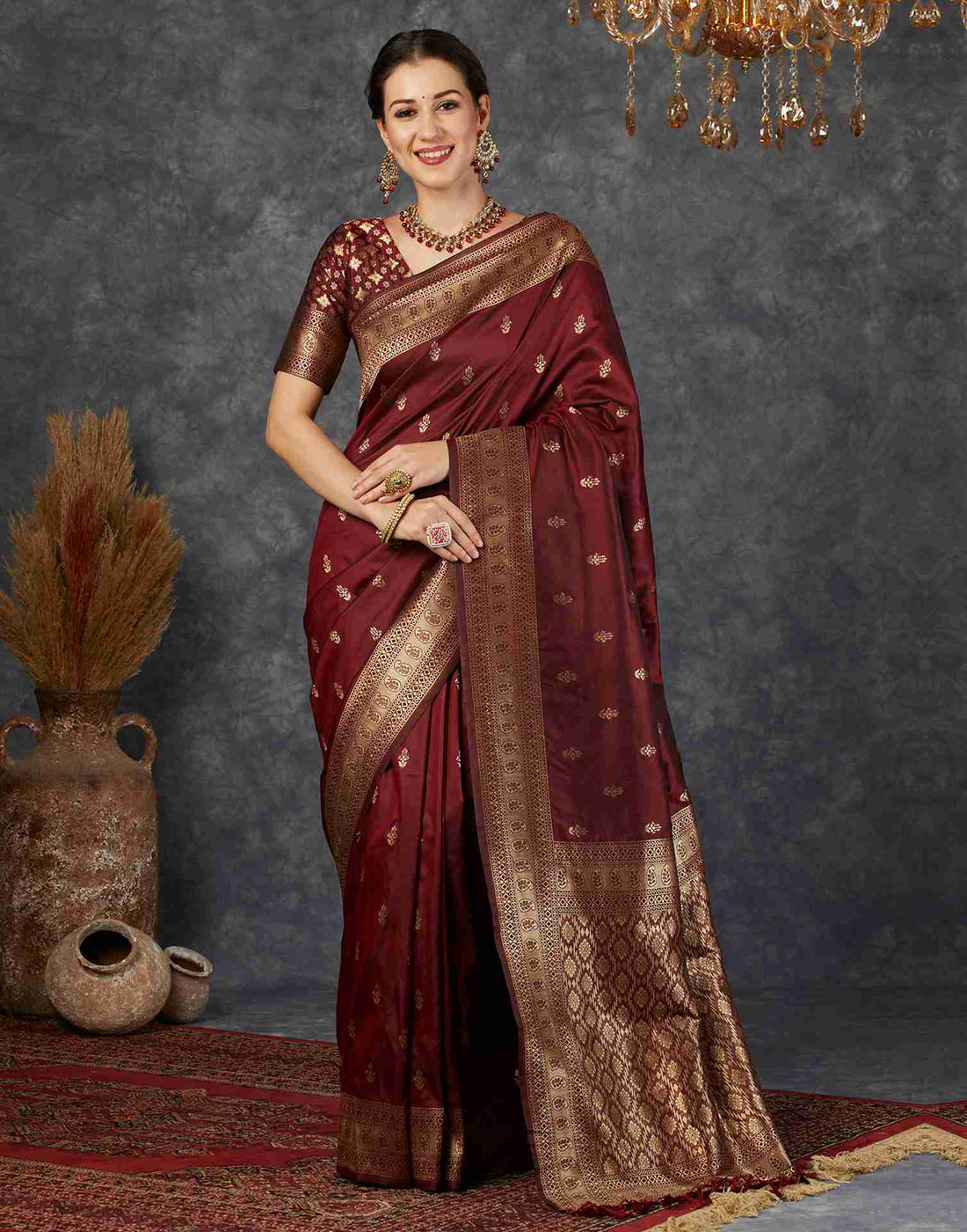 Maroon Silk Plain Banarasi Saree