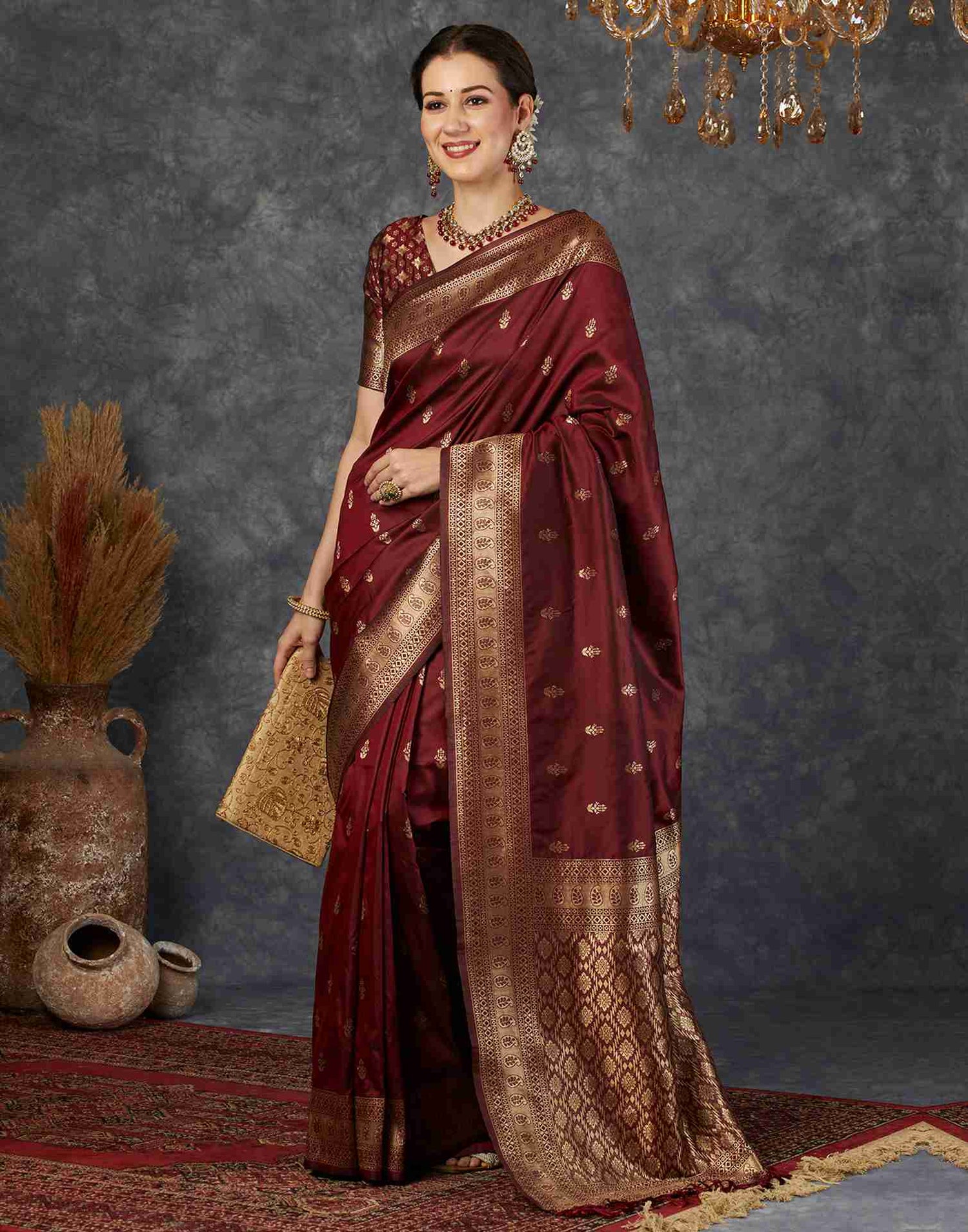 Maroon Silk Plain Banarasi Saree