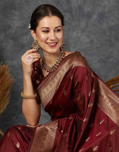 Maroon Silk Plain Banarasi Saree