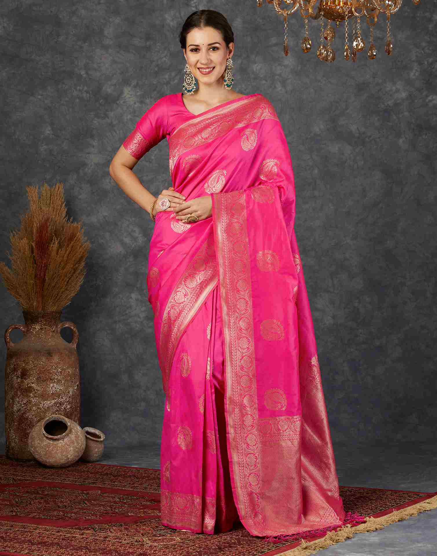 Bright Pink Silk Woven Banarasi Saree