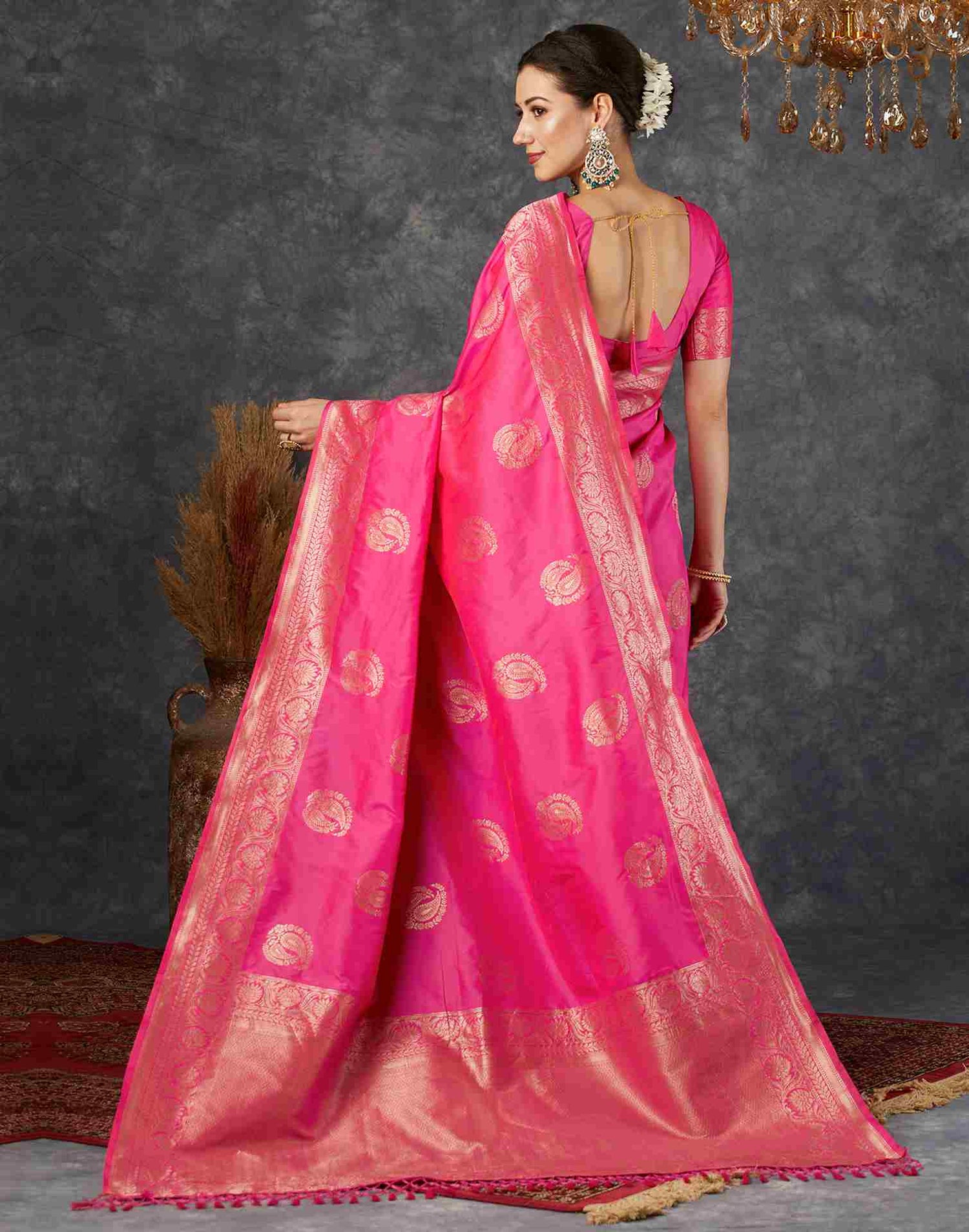 Bright Pink Silk Woven Banarasi Saree