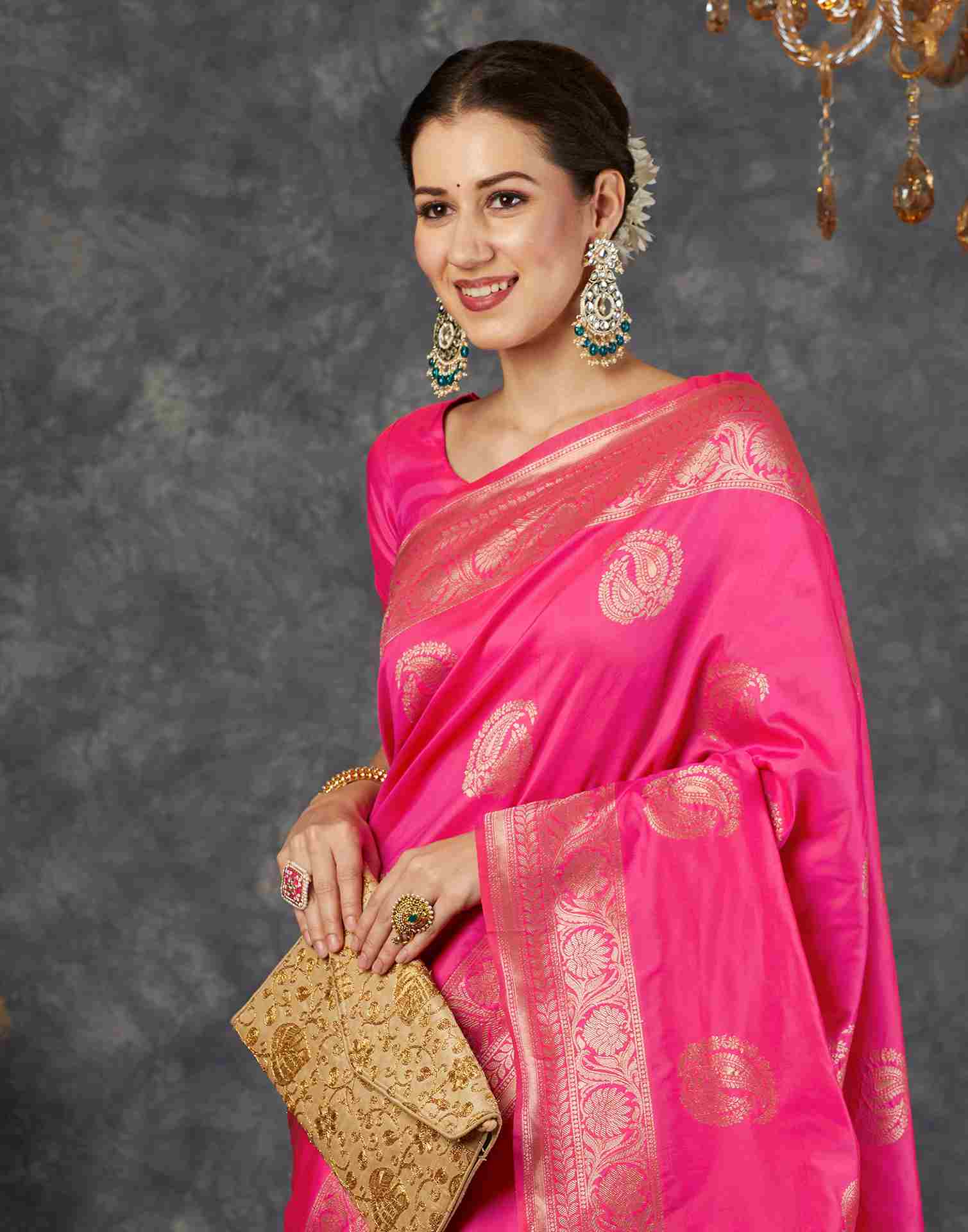 Bright Pink Silk Woven Banarasi Saree