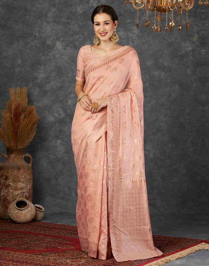 Dusty Peach Cotton Plain Banarasi Saree