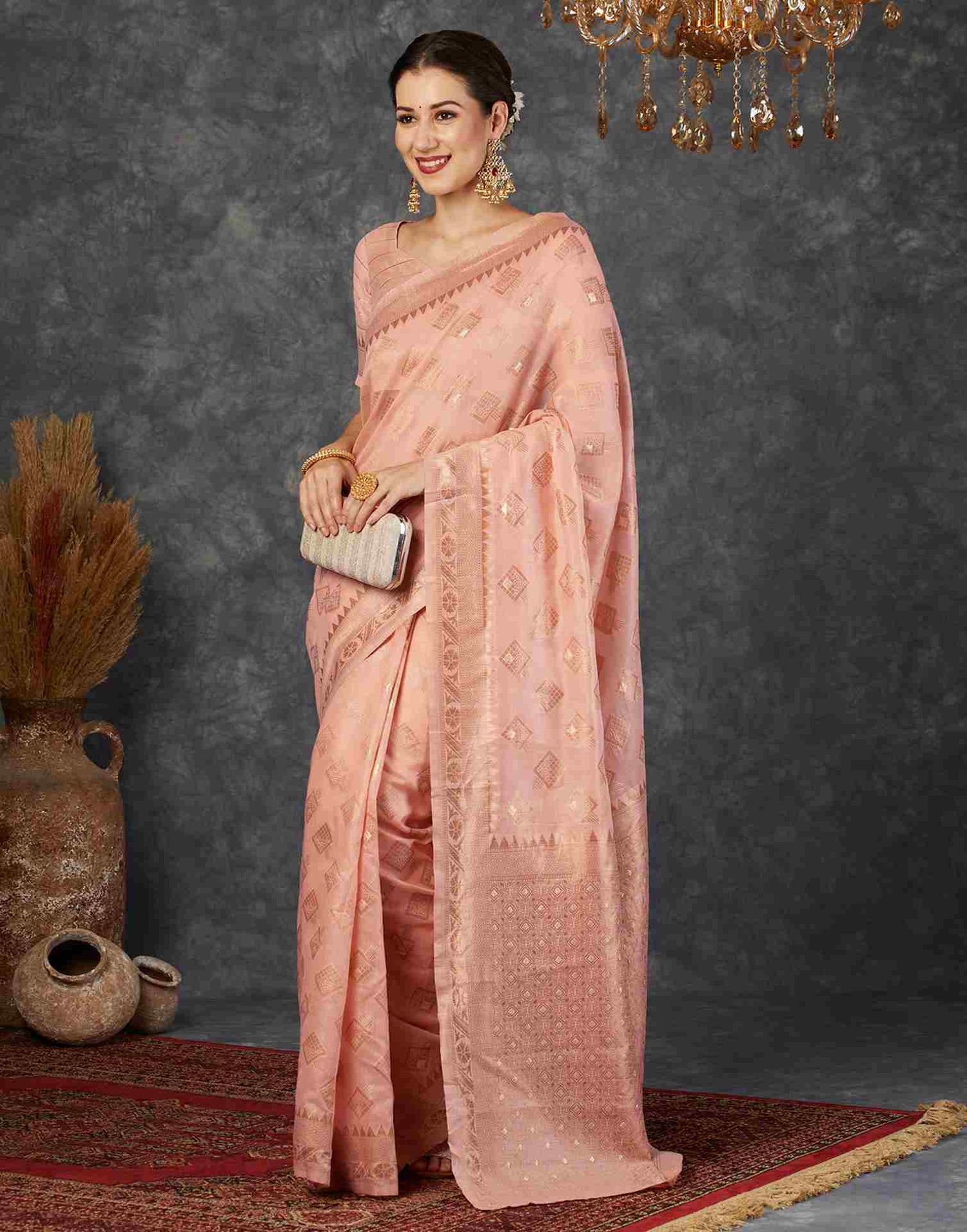 Dusty Peach Cotton Plain Banarasi Saree