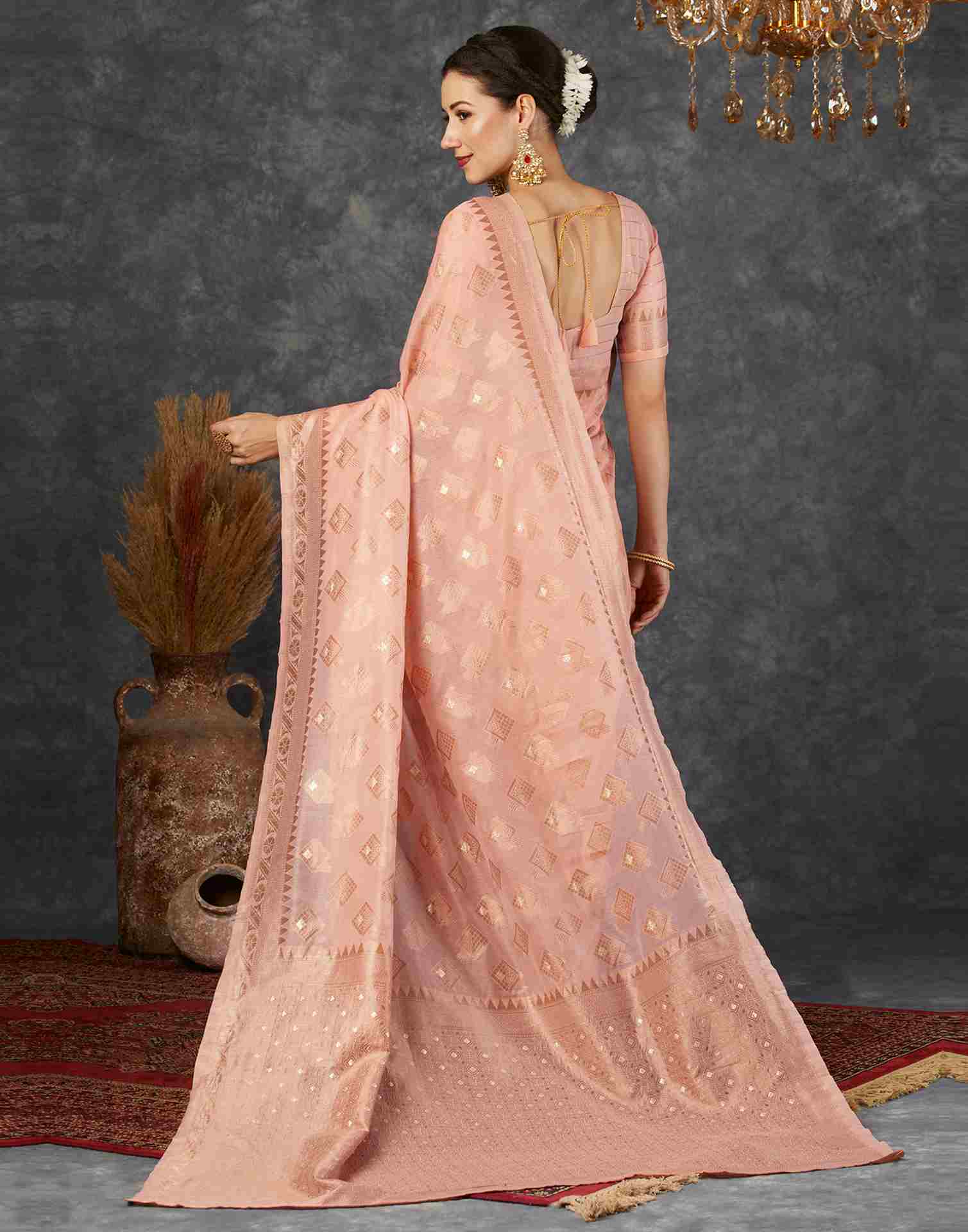 Dusty Peach Cotton Plain Banarasi Saree