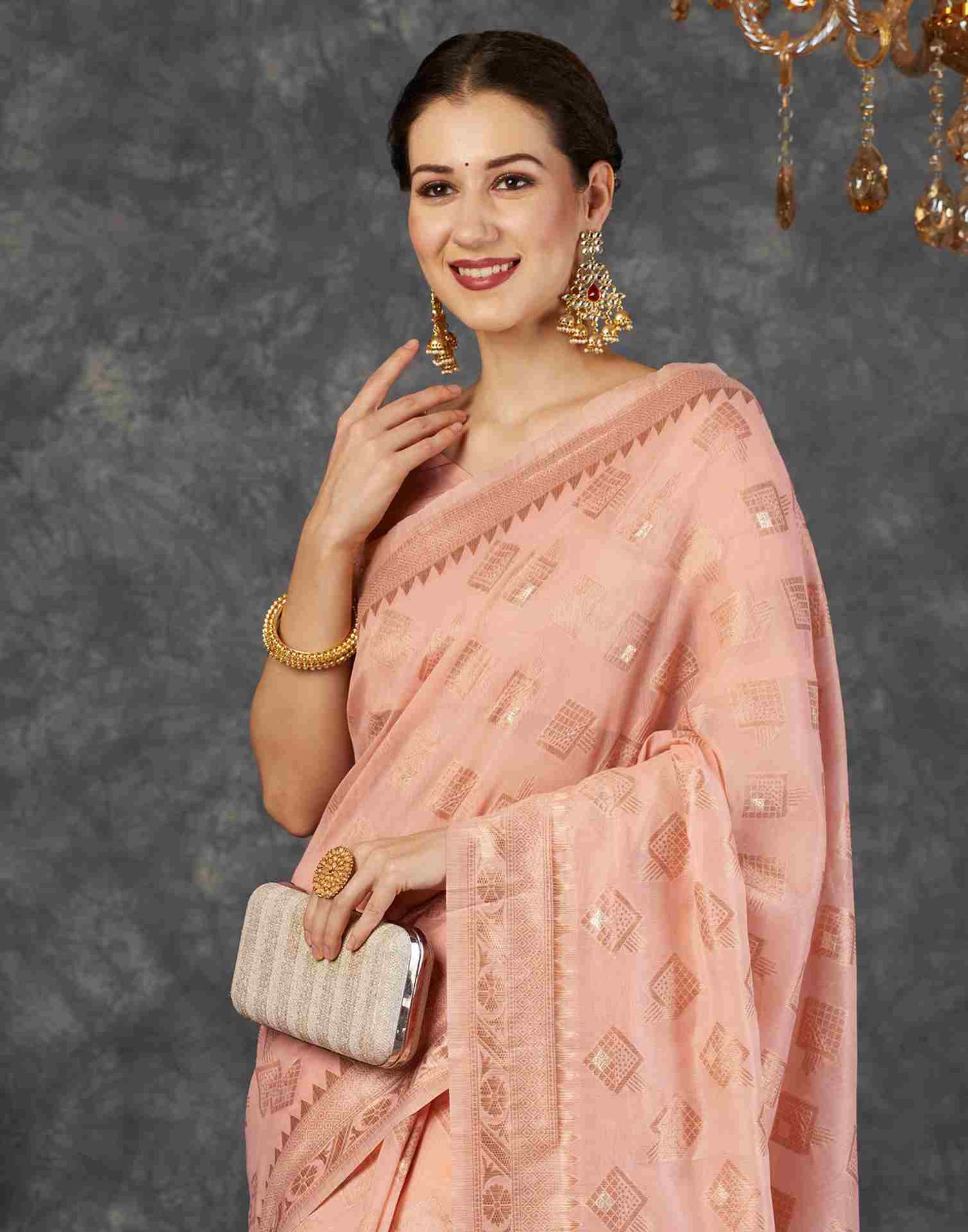 Dusty Peach Cotton Plain Banarasi Saree