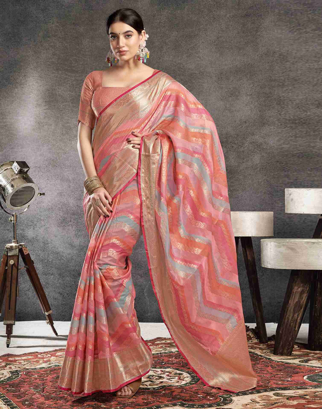 Rose Pink Organza Woven Banarasi Saree