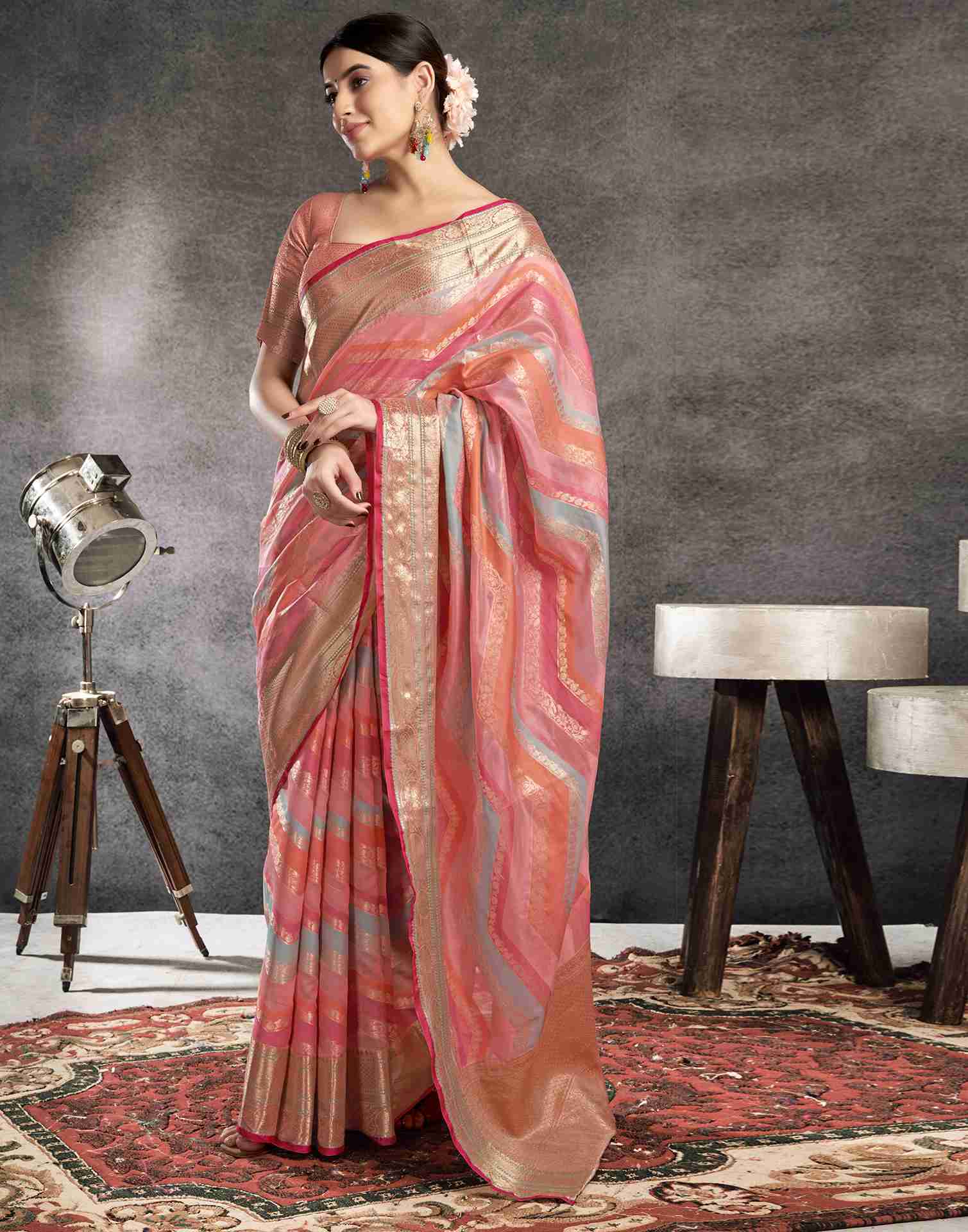 Rose Pink Organza Woven Banarasi Saree