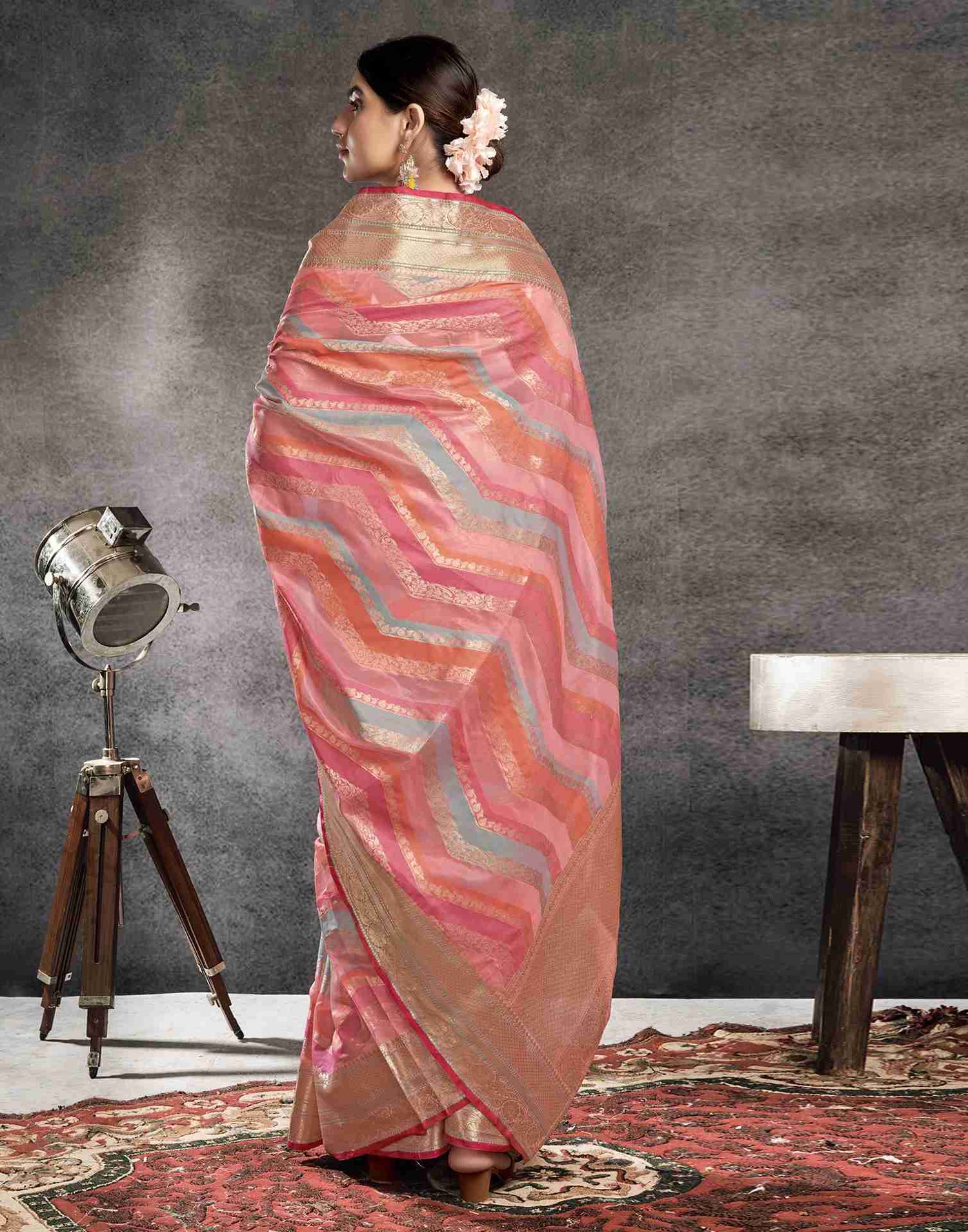 Rose Pink Organza Woven Banarasi Saree