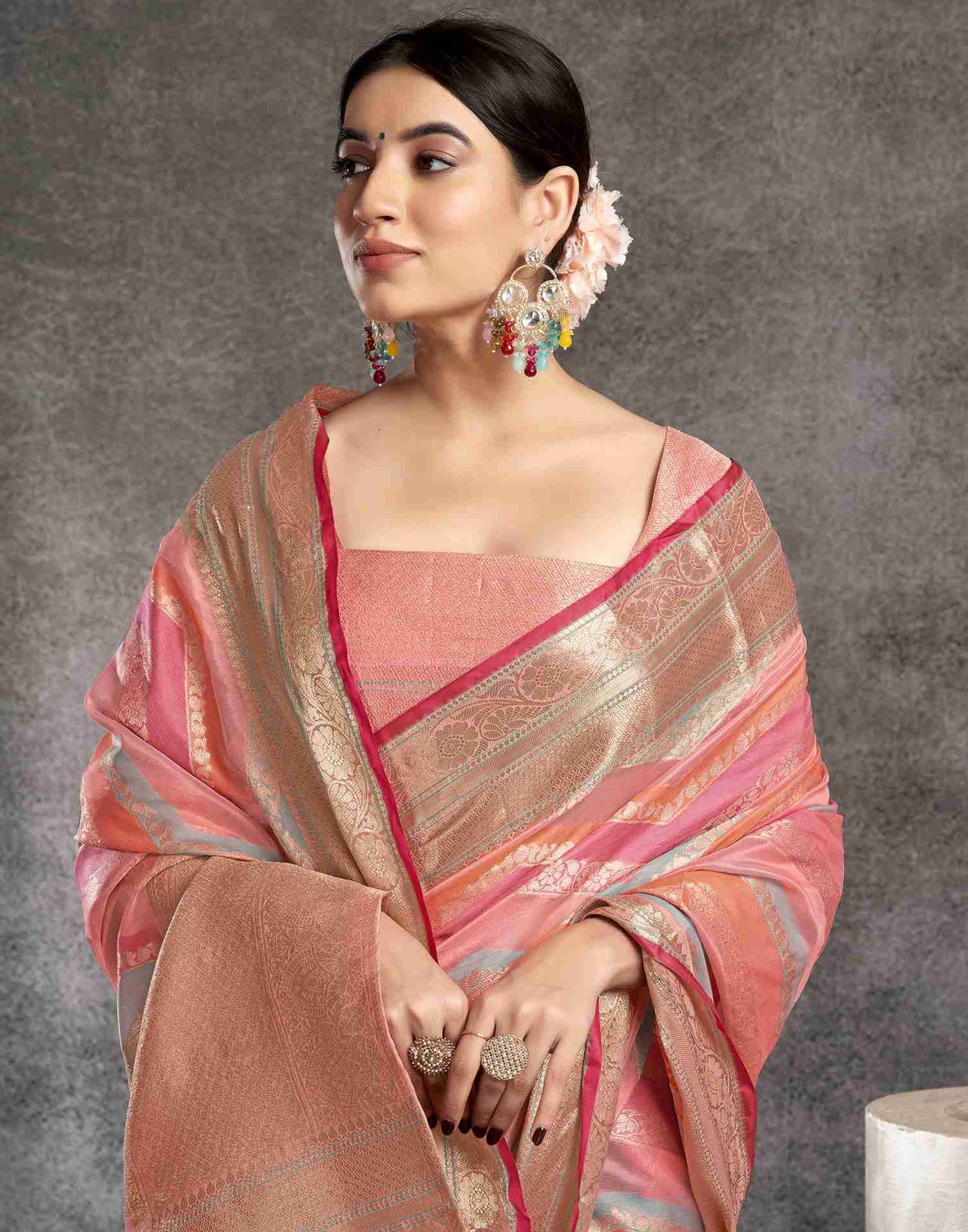 Rose Pink Organza Woven Banarasi Saree