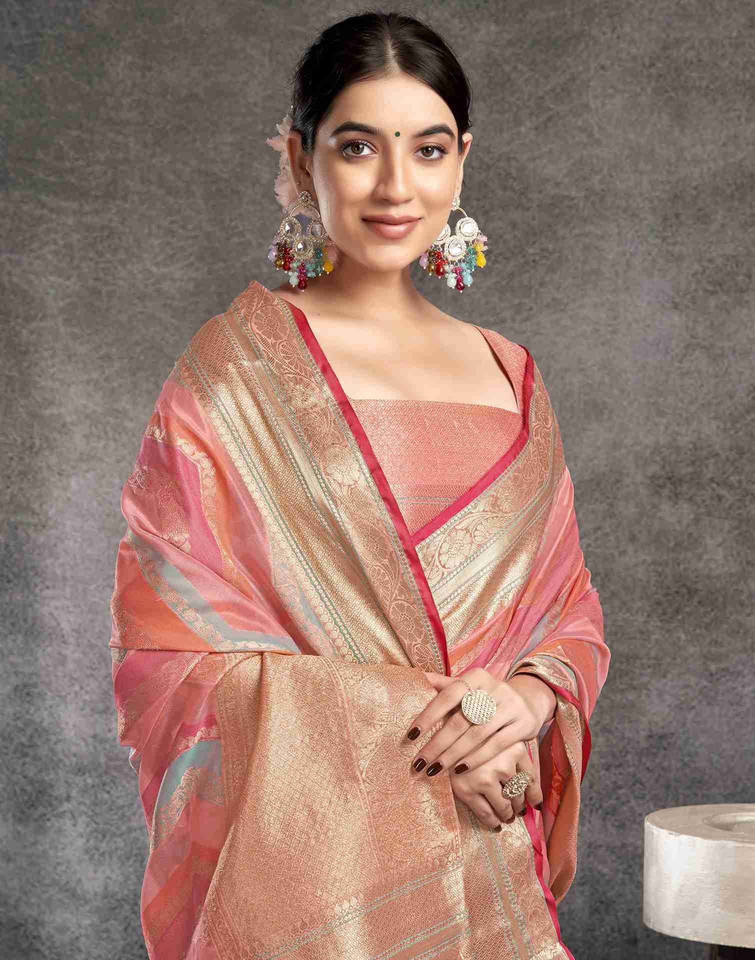 Rose Pink Organza Woven Banarasi Saree