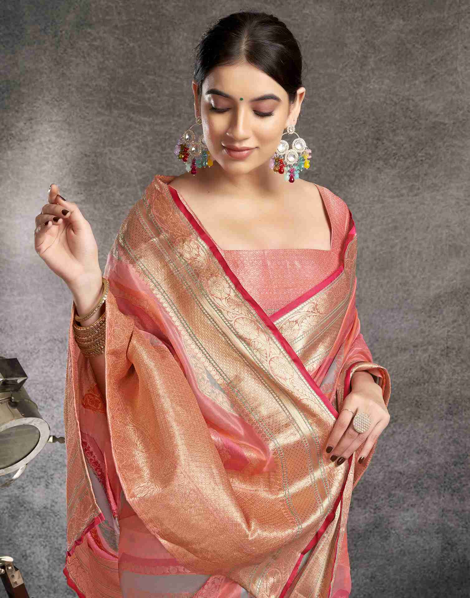 Rose Pink Organza Woven Banarasi Saree