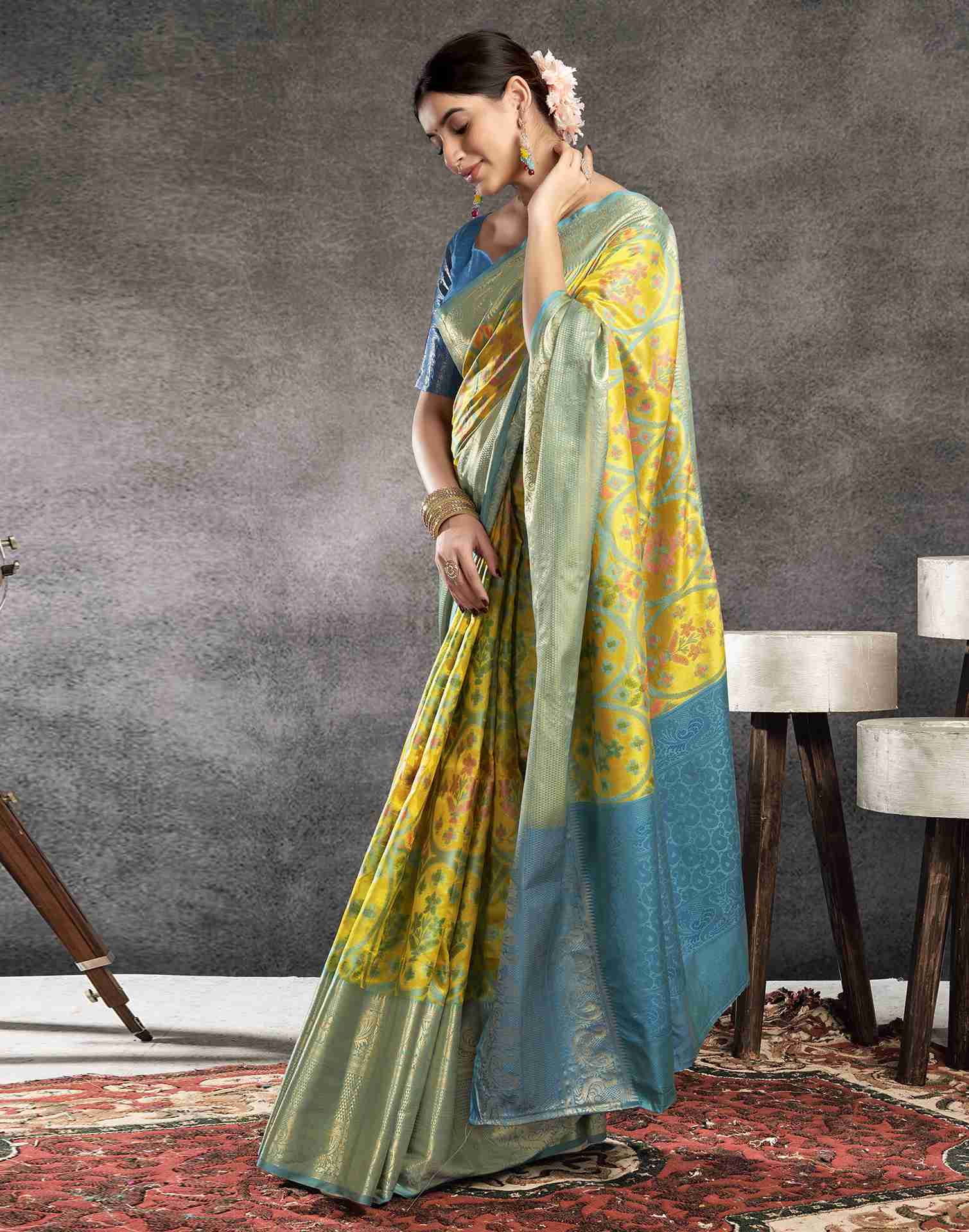 Lime Yellow Silk Woven Banarasi Saree