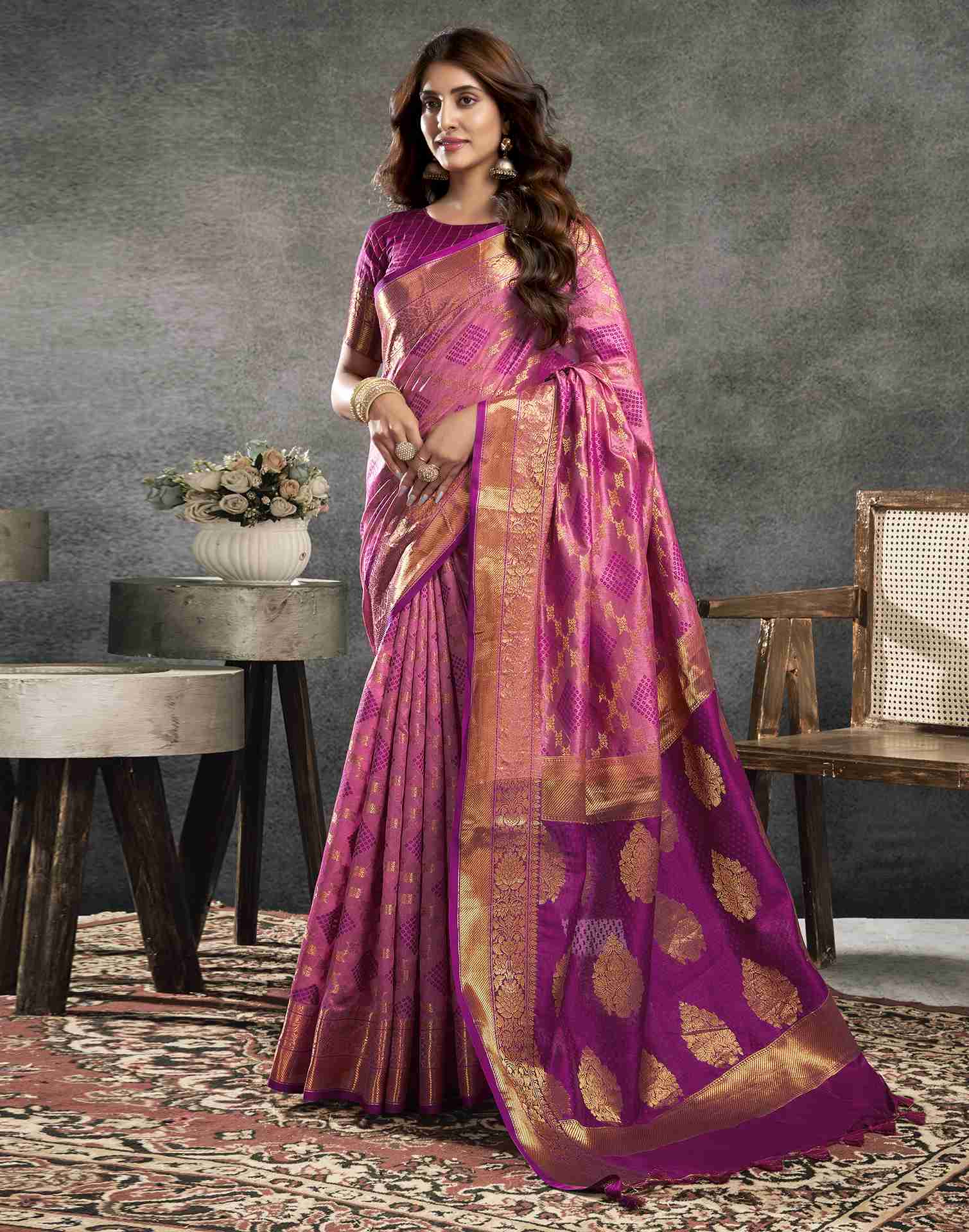 Pink Silk Woven Banarasi Saree