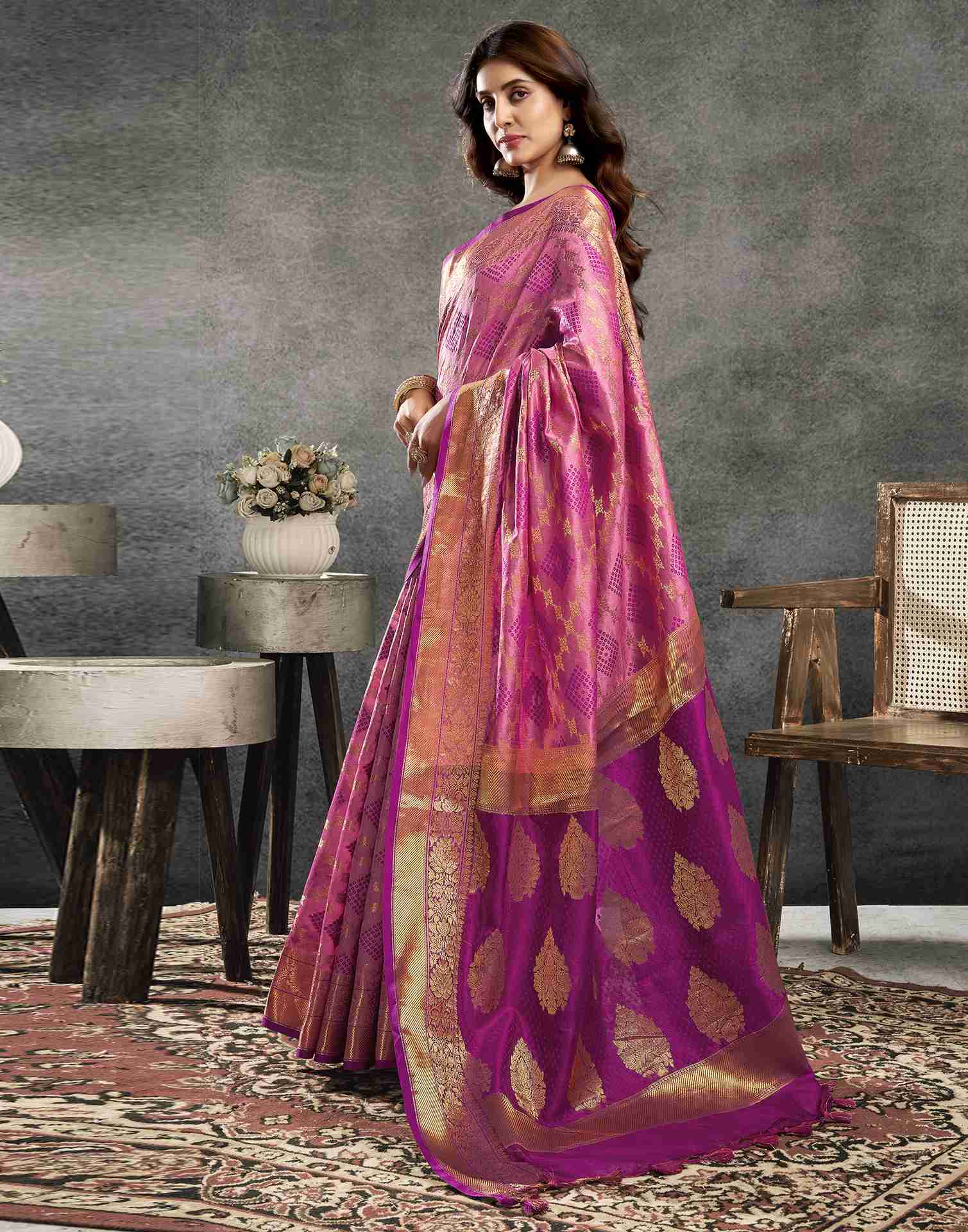 Pink Silk Woven Banarasi Saree