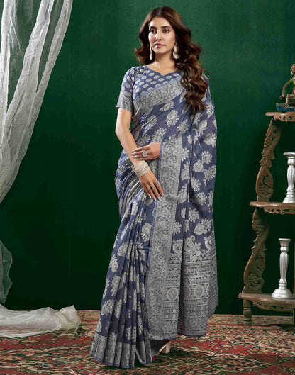 Dusty Dark Blue Cotton Woven Printed Saree