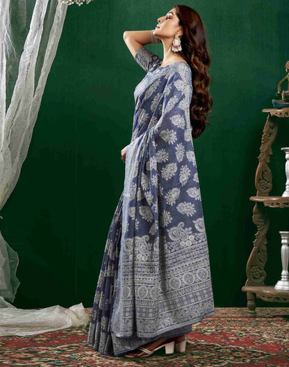 Dusty Dark Blue Cotton Woven Printed Saree