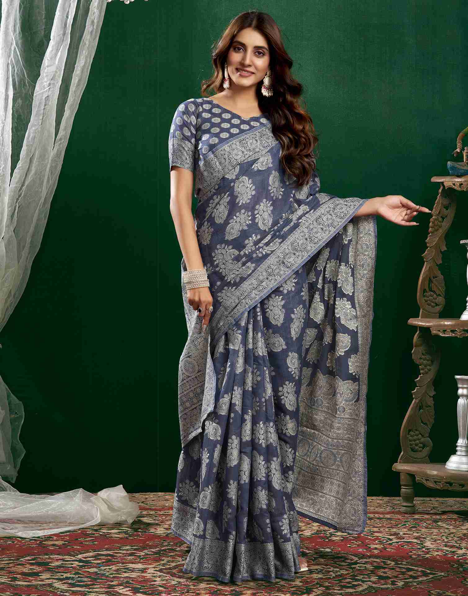 Dusty Dark Blue Cotton Woven Printed Saree