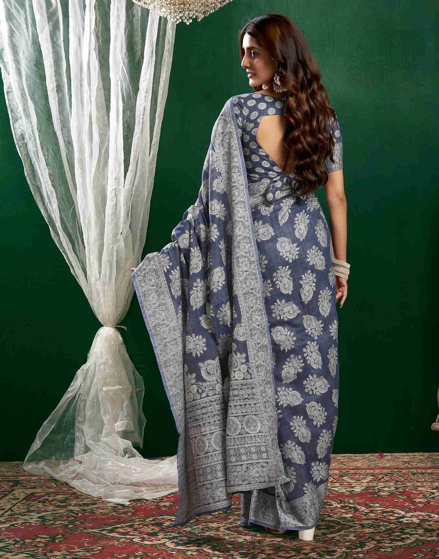 Dusty Dark Blue Cotton Woven Printed Saree