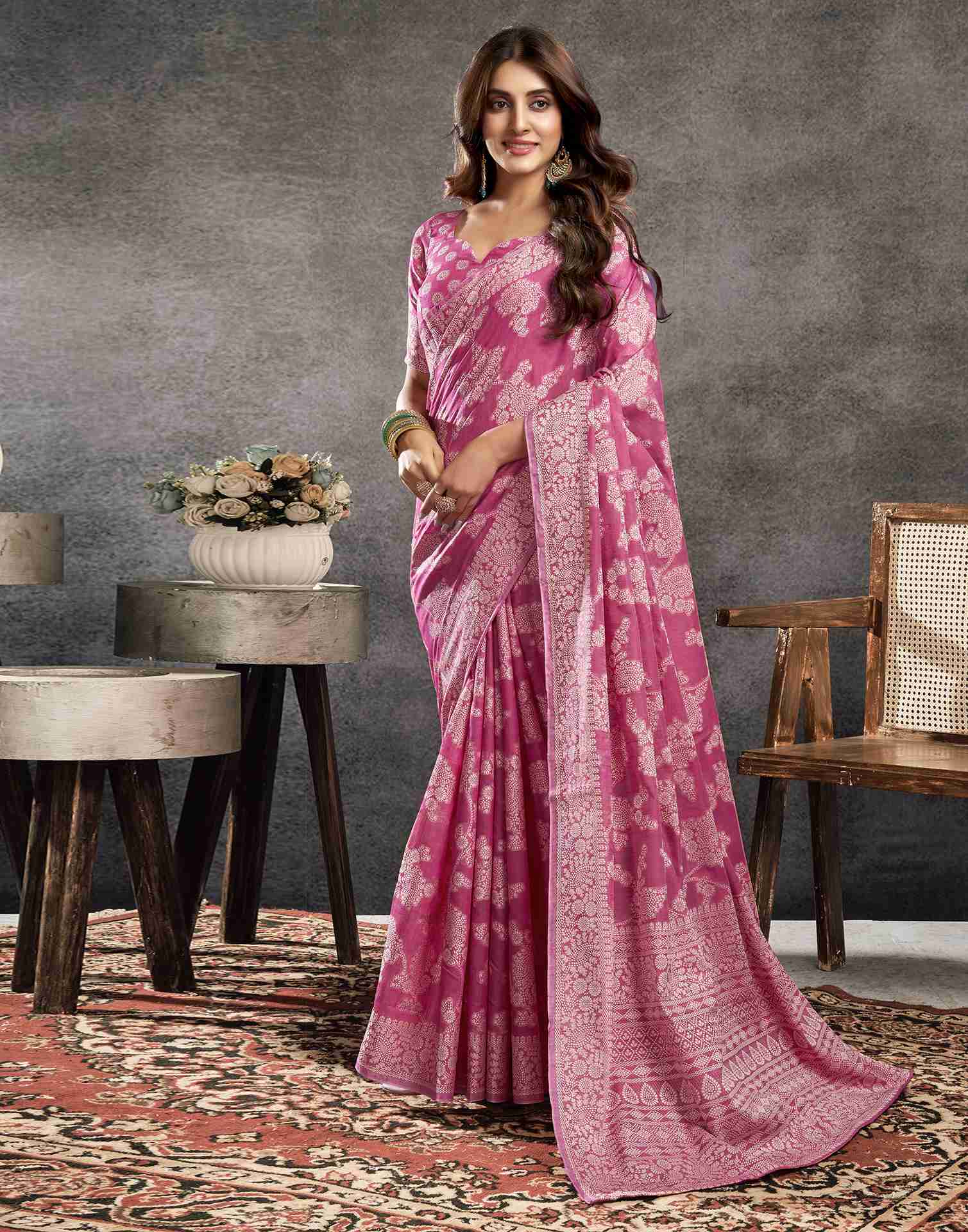 Rose Pink Cotton Woven Printed Saree