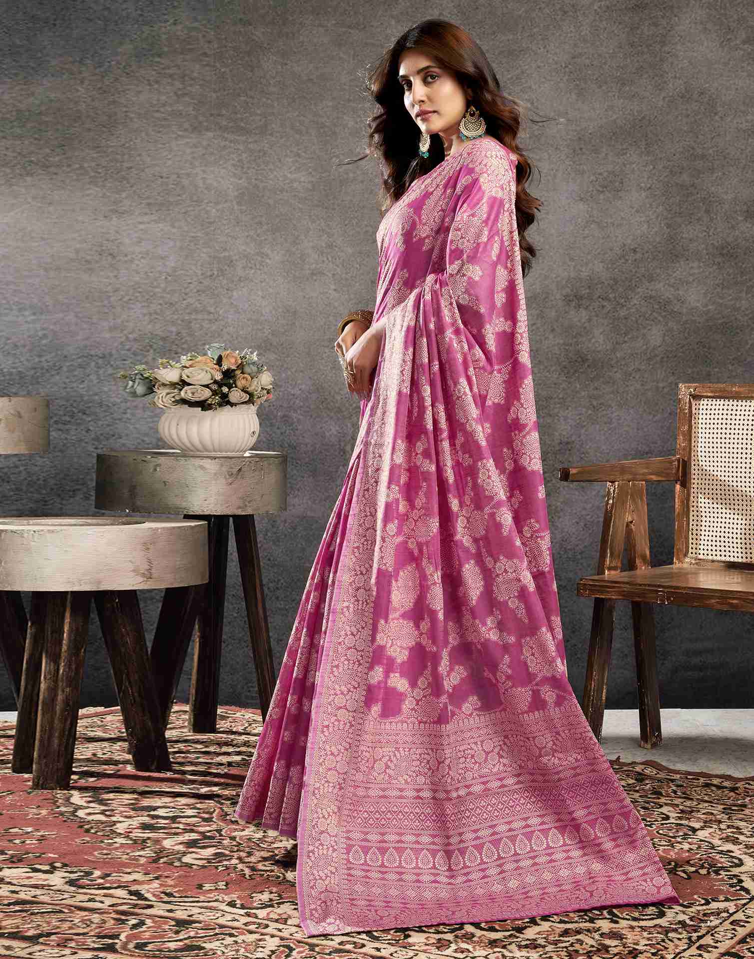 Rose Pink Cotton Woven Printed Saree