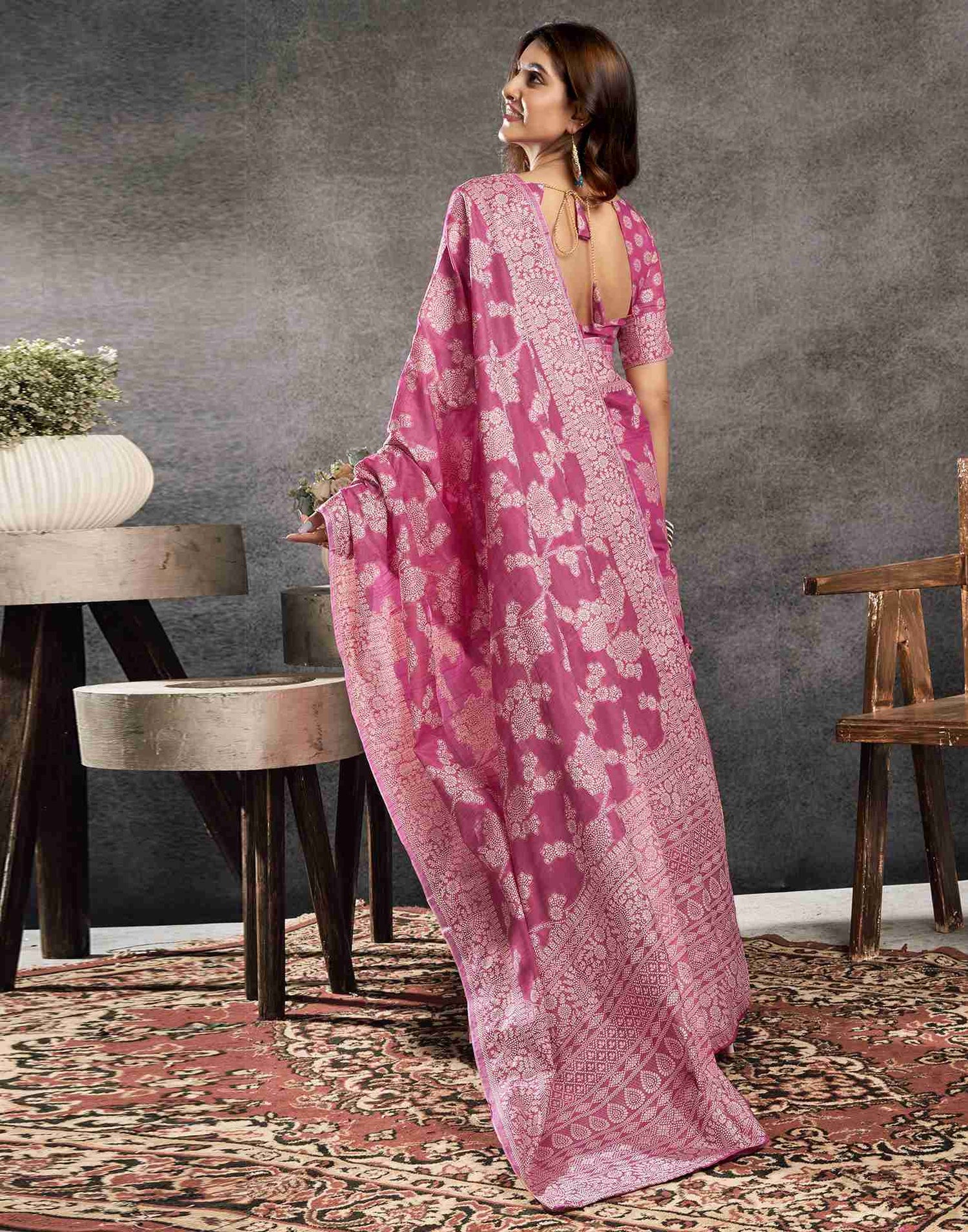 Rose Pink Cotton Woven Printed Saree