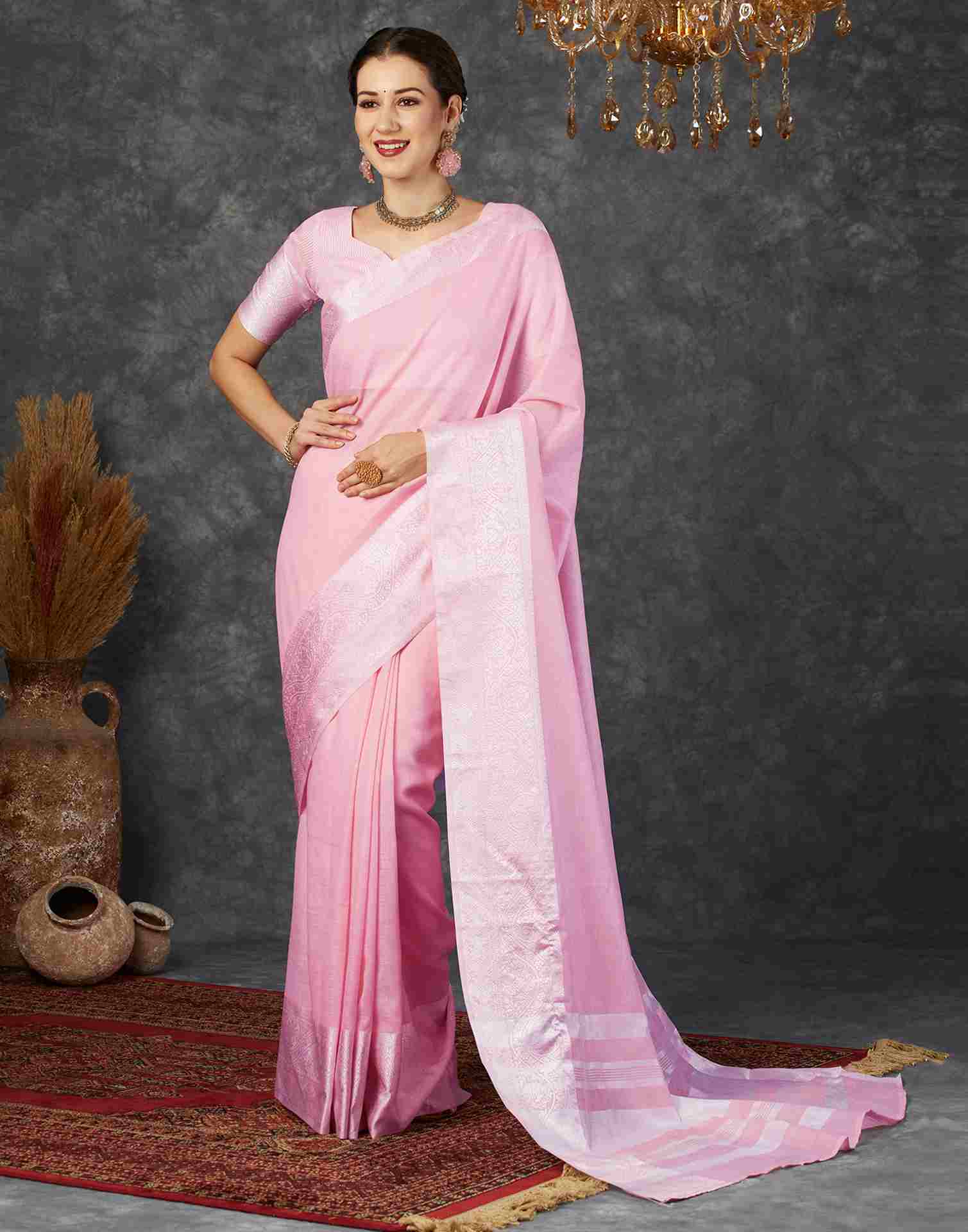 Light Pink Cotton Woven Banarasi Saree