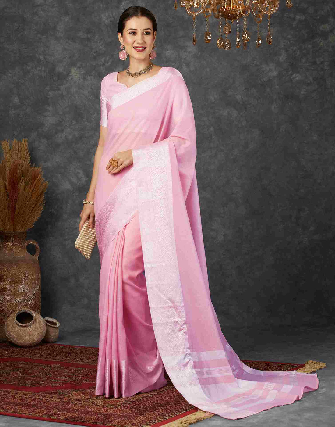 Light Pink Cotton Woven Banarasi Saree