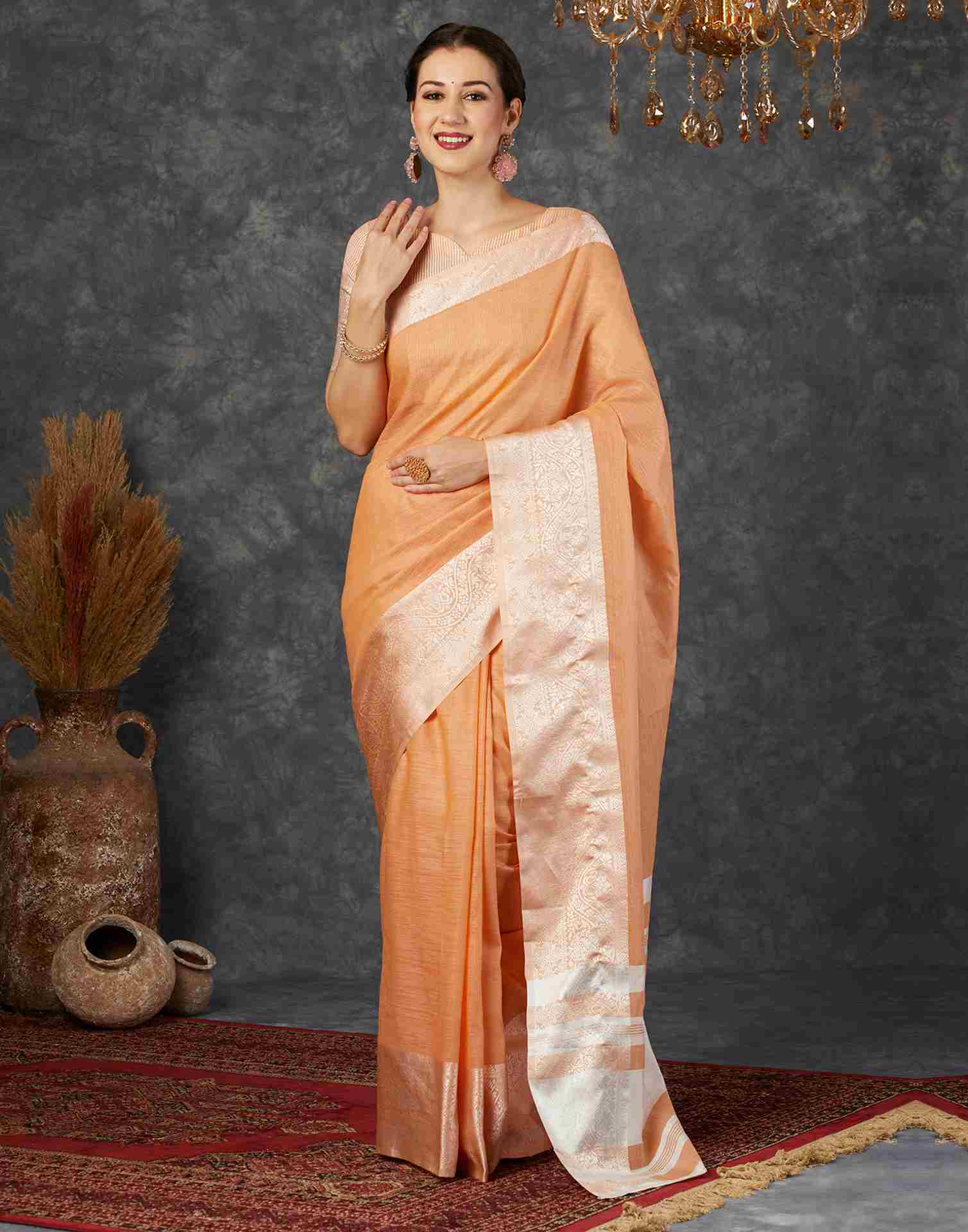 Light Orange Cotton Woven Banarasi Saree