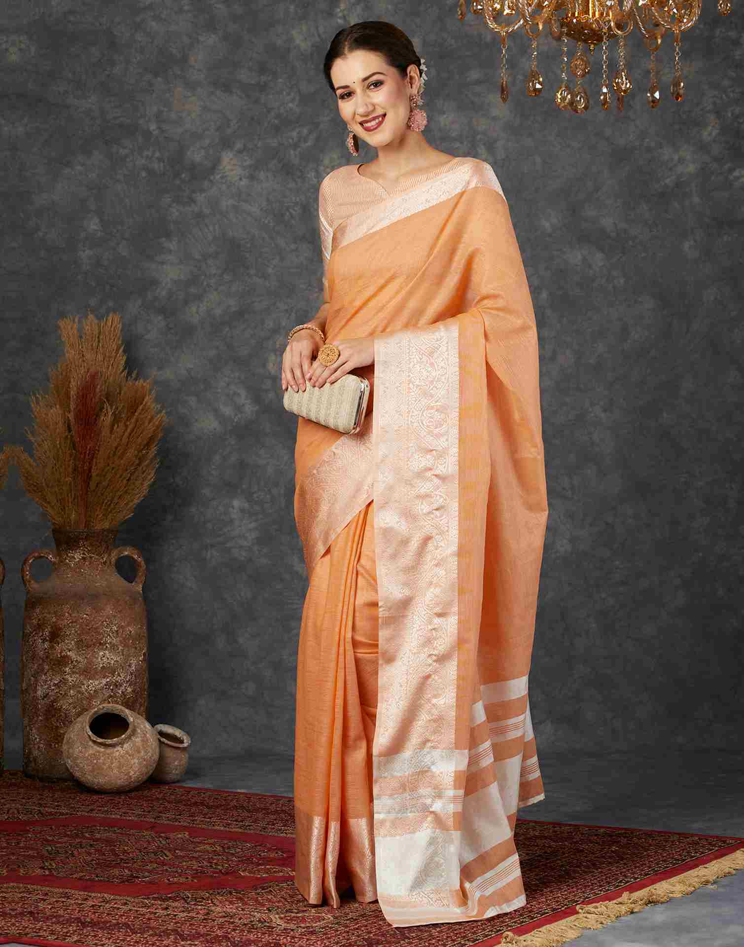 Light Orange Cotton Woven Banarasi Saree