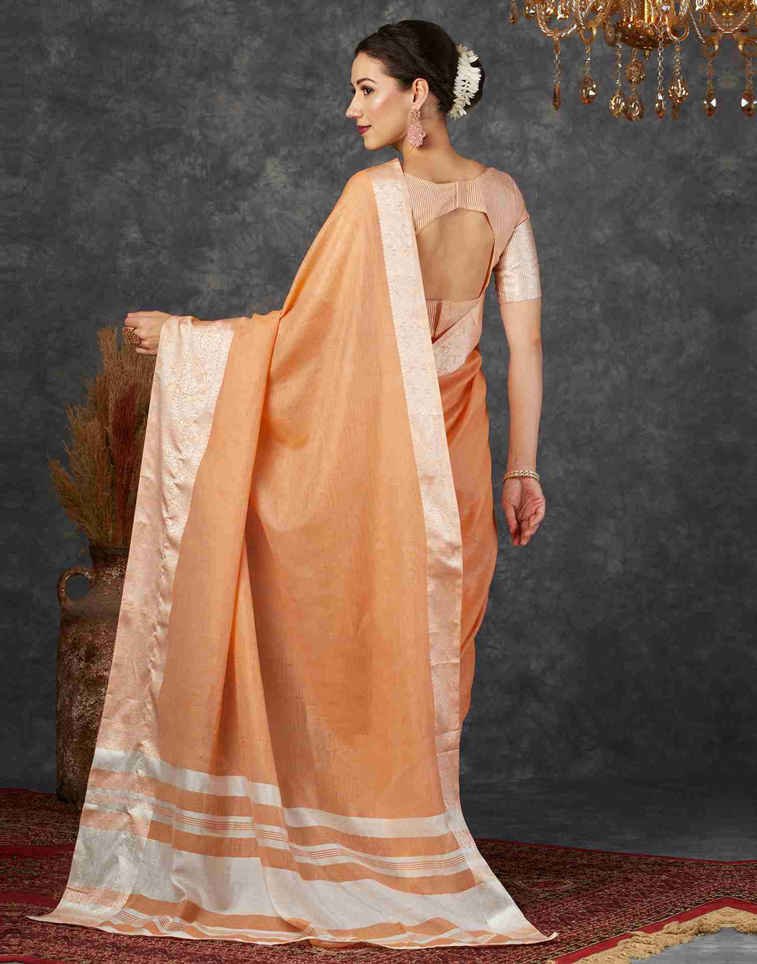 Light Orange Cotton Woven Banarasi Saree