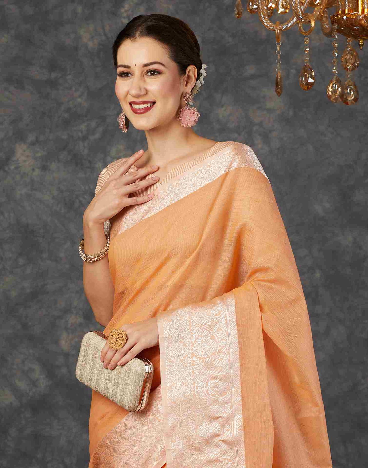 Light Orange Cotton Woven Banarasi Saree