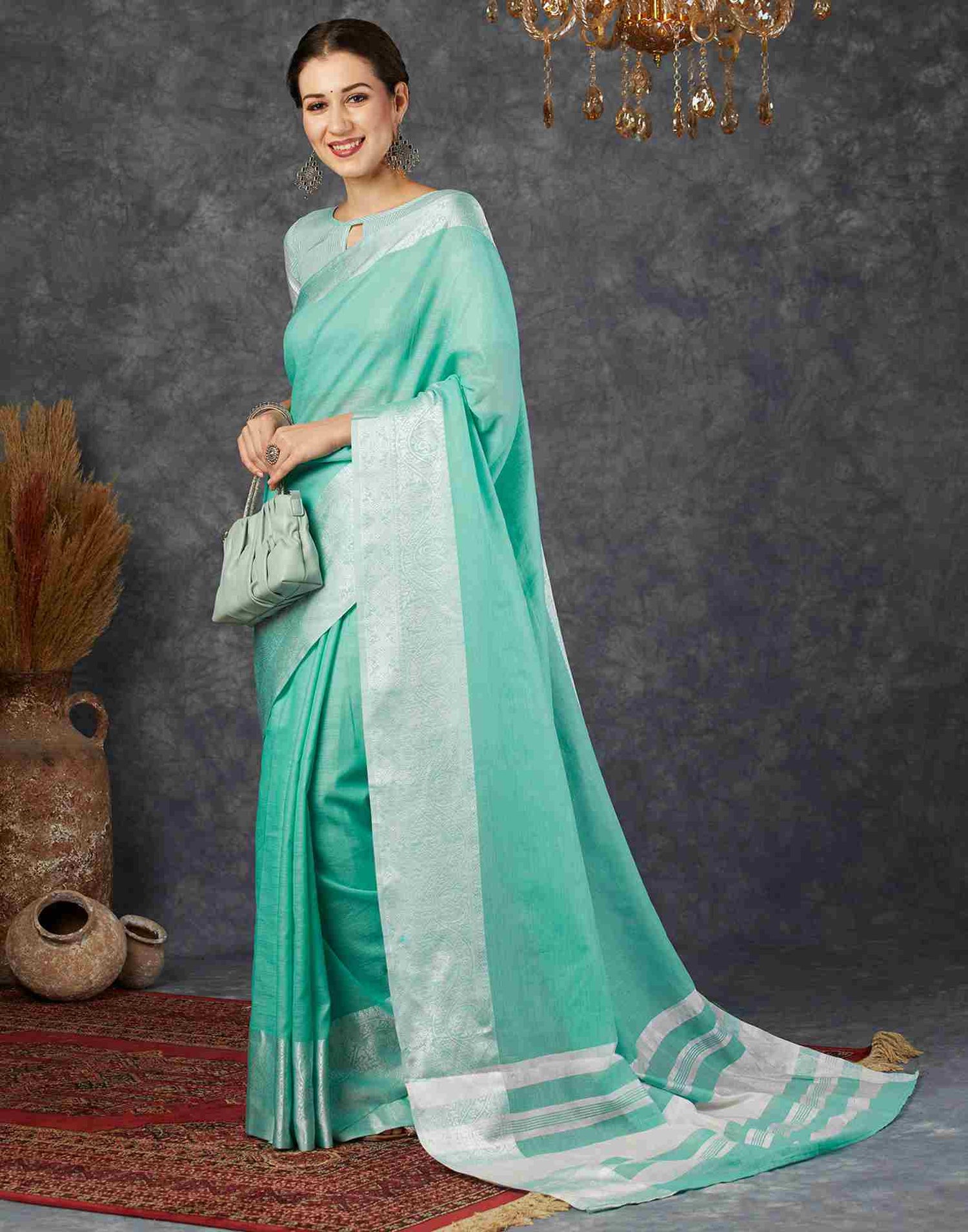 Turquoise Cotton Woven Banarasi Saree