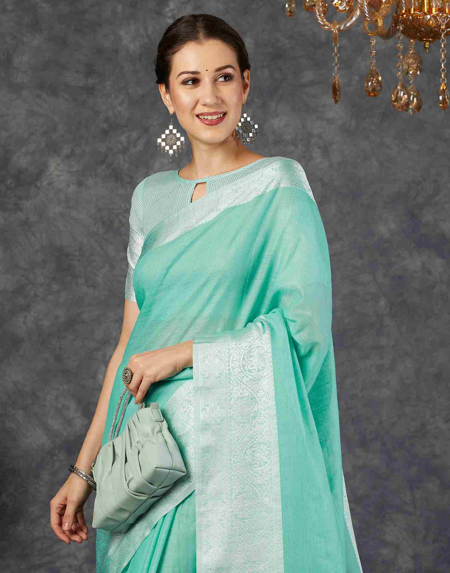 Turquoise Cotton Woven Banarasi Saree