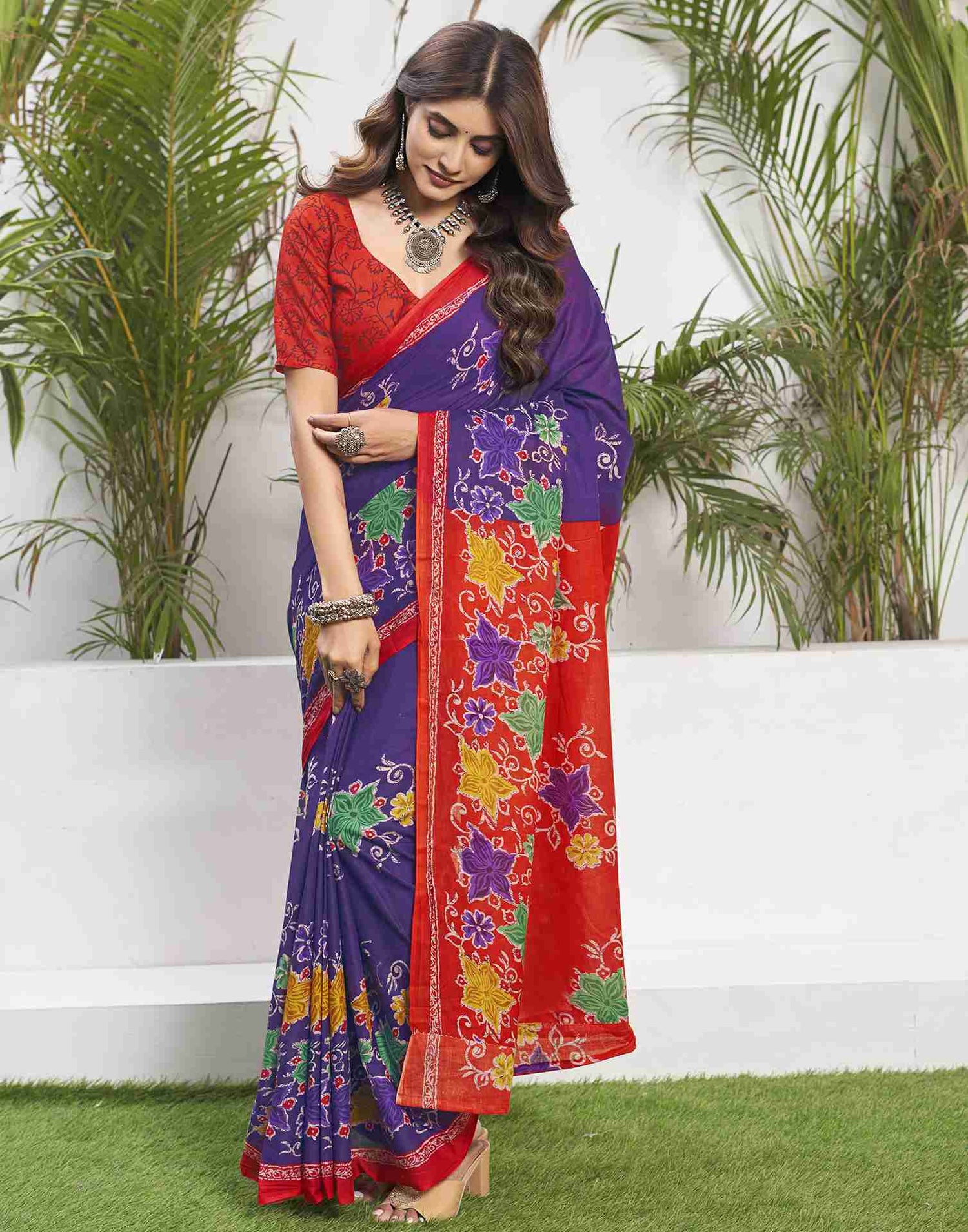 Violet Cotton Printed Saree